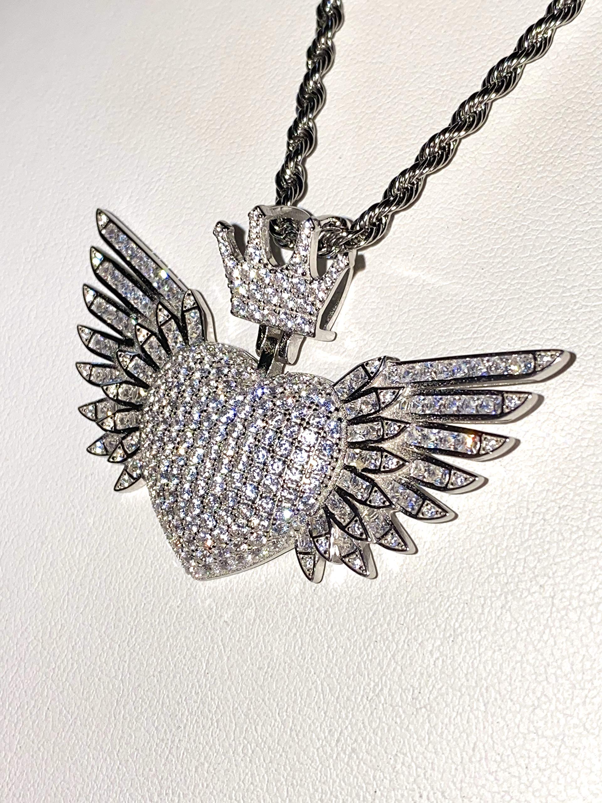 925 Sterling Silver Angel Heart Pendant Necklace for Men & Women - Italian White Gold Finish Iced Out Charm with 3mm Stainless Steel Rope Chain (16