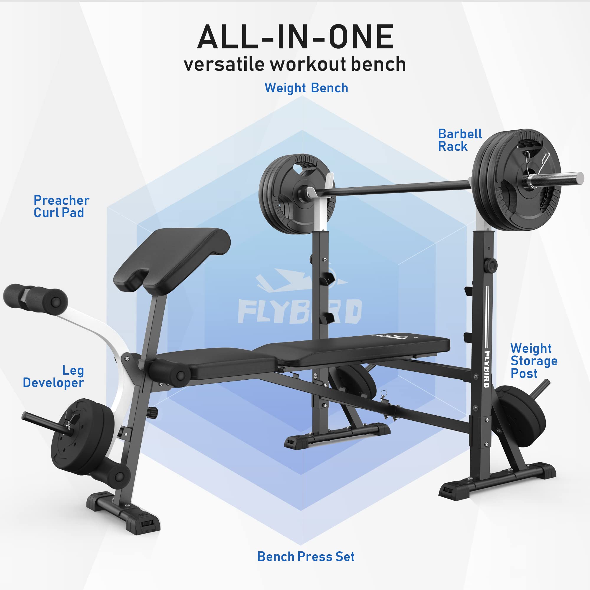 FLYBIRD Adjustable Weight Bench for Home Gym - Strength Training Bench Press Set with Preacher Curl Pad & Leg Developer - Perfect for Full Body Workouts, Strength Building & Home Fitness Training