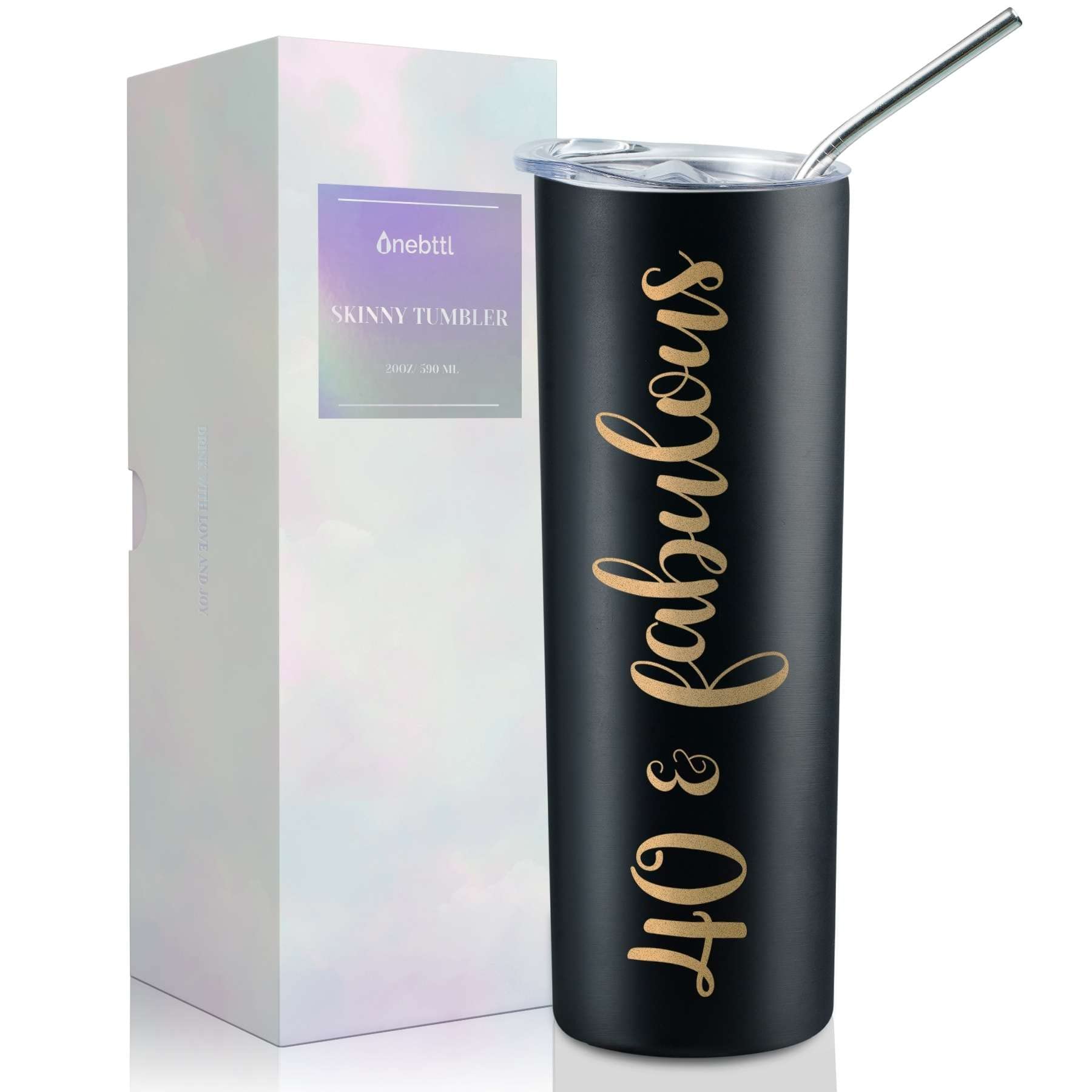Onebttl 40th Birthday Gifts for Women - 20oz Stainless Steel Insulated Tumbler with Straw & Lid - 40 and Fabulous Wine Cup for Her - Includes Message Card (Black) - Perfect for Birthday Parties, Office Use, and Outdoor Activities