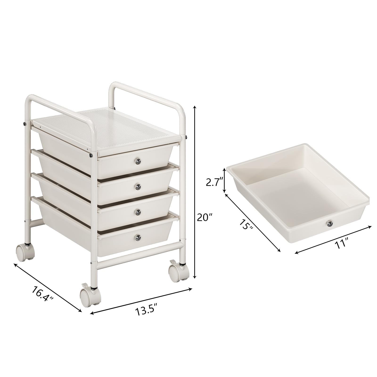 4-Tier Utility Cart with 4 Drawers & 2 Lockable Wheels - Mobile Rolling Storage Cart for Office, Kitchen, Bathroom - Perfect for Organizing Supplies, Beauty Products & Cleaning Essentials - Ivory White
