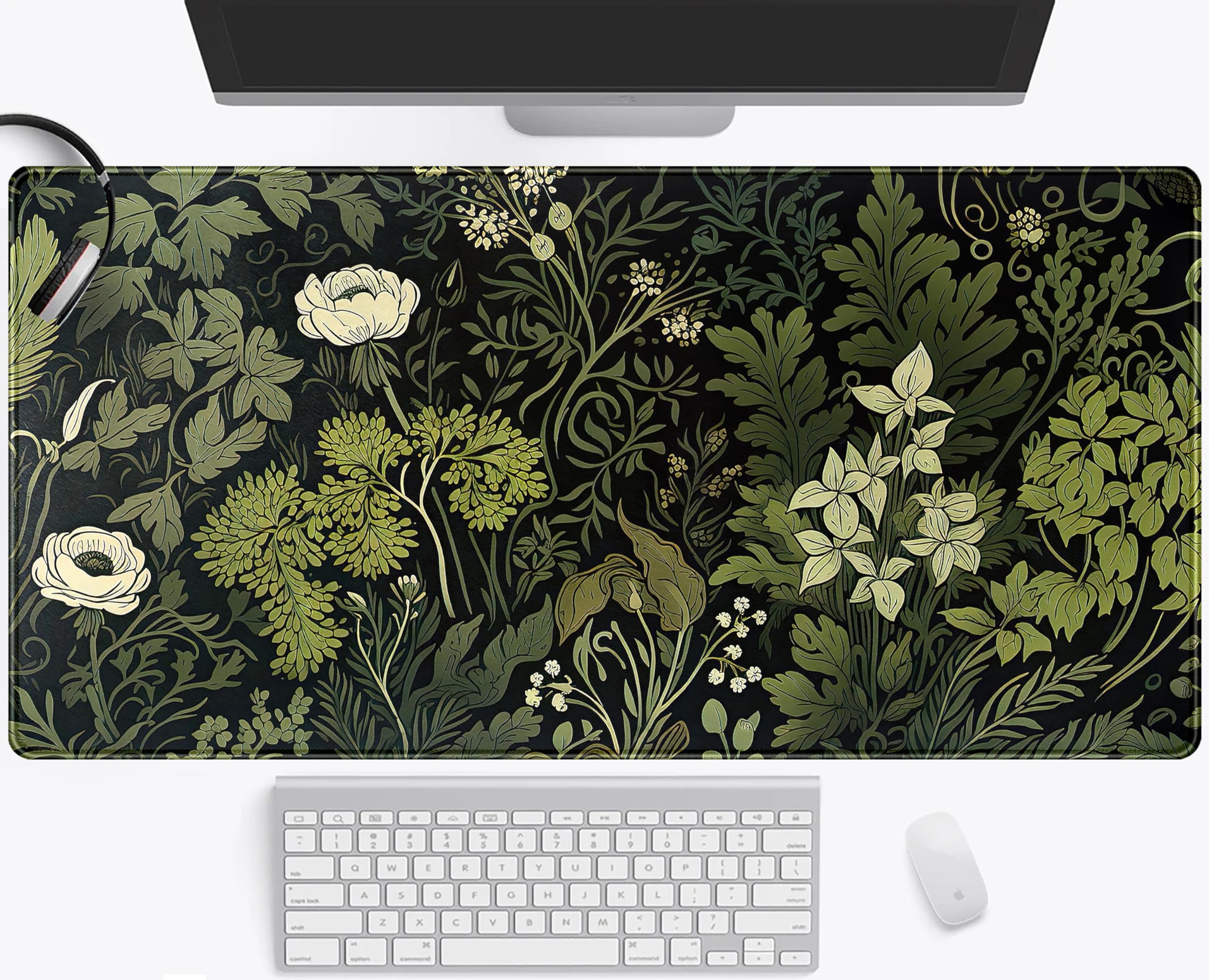 Large XXL Green Leaves Desk Mat - Beige Plants Mouse Pad with Fresh Foliage Design, 31.5x15.75 Inch Extended Keyboard Mat for Laptop & Wireless Mouse - Aesthetic Black Desktop Mat for Office, Home or Gift (Perfect for Women's Workspace & Home Decor)
