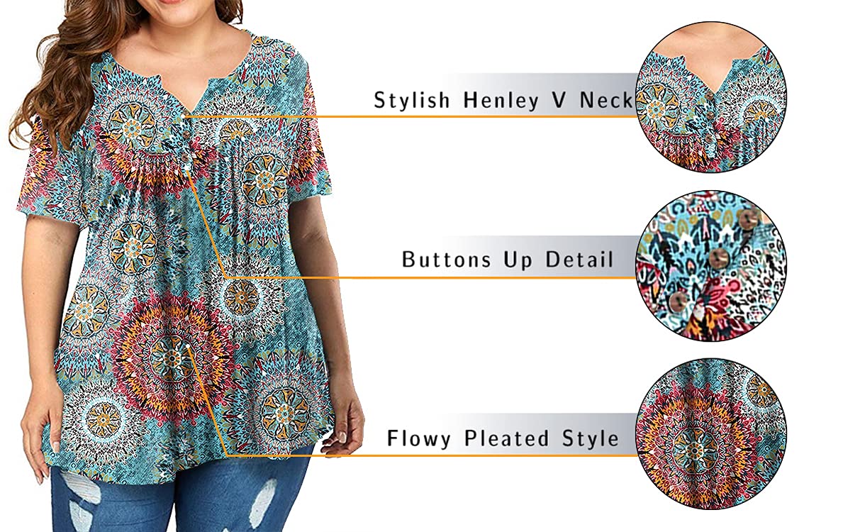 Plus Size Women's Summer Henley Shirts - Flowy Tunic Tops for Casual Wear & Beach Outfits | Comfortable Loose Fit Tee for Everyday Style