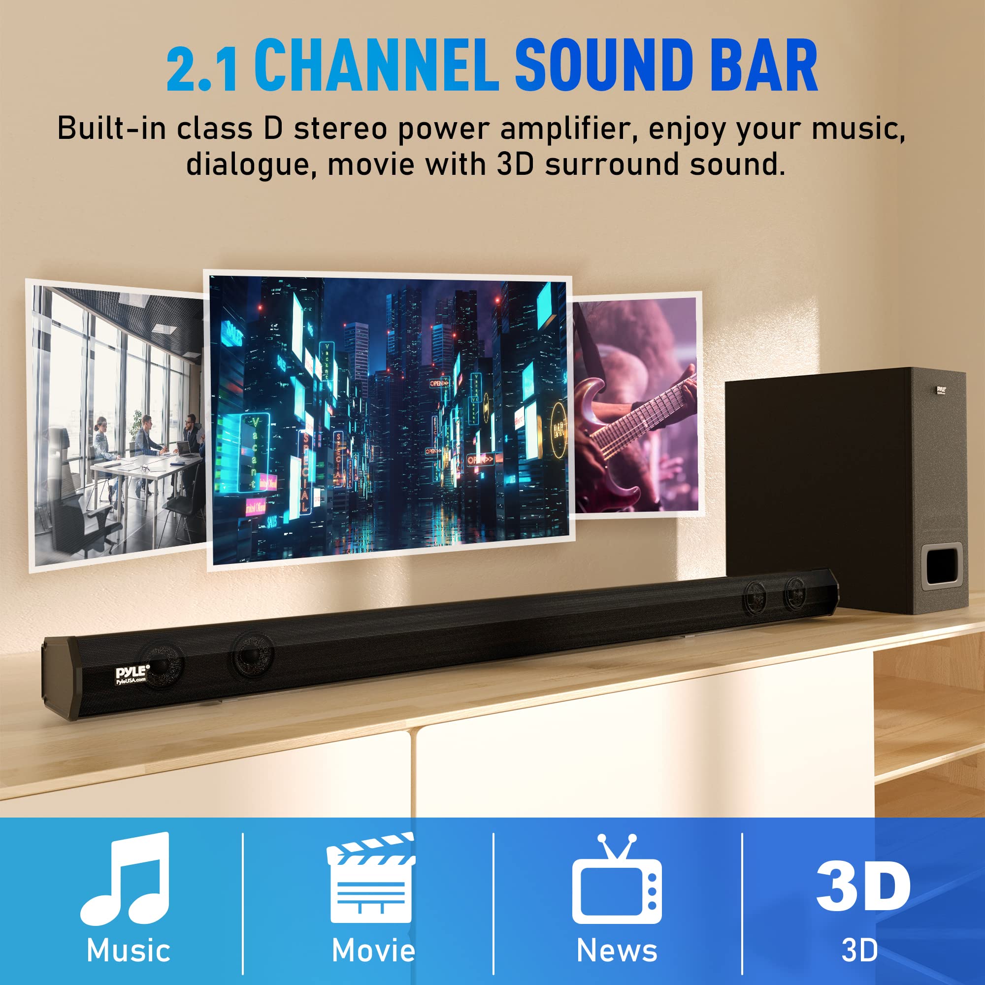 PyleUSA 2.1 Channel 500W Bluetooth Soundbar with Wireless Subwoofer - 35
