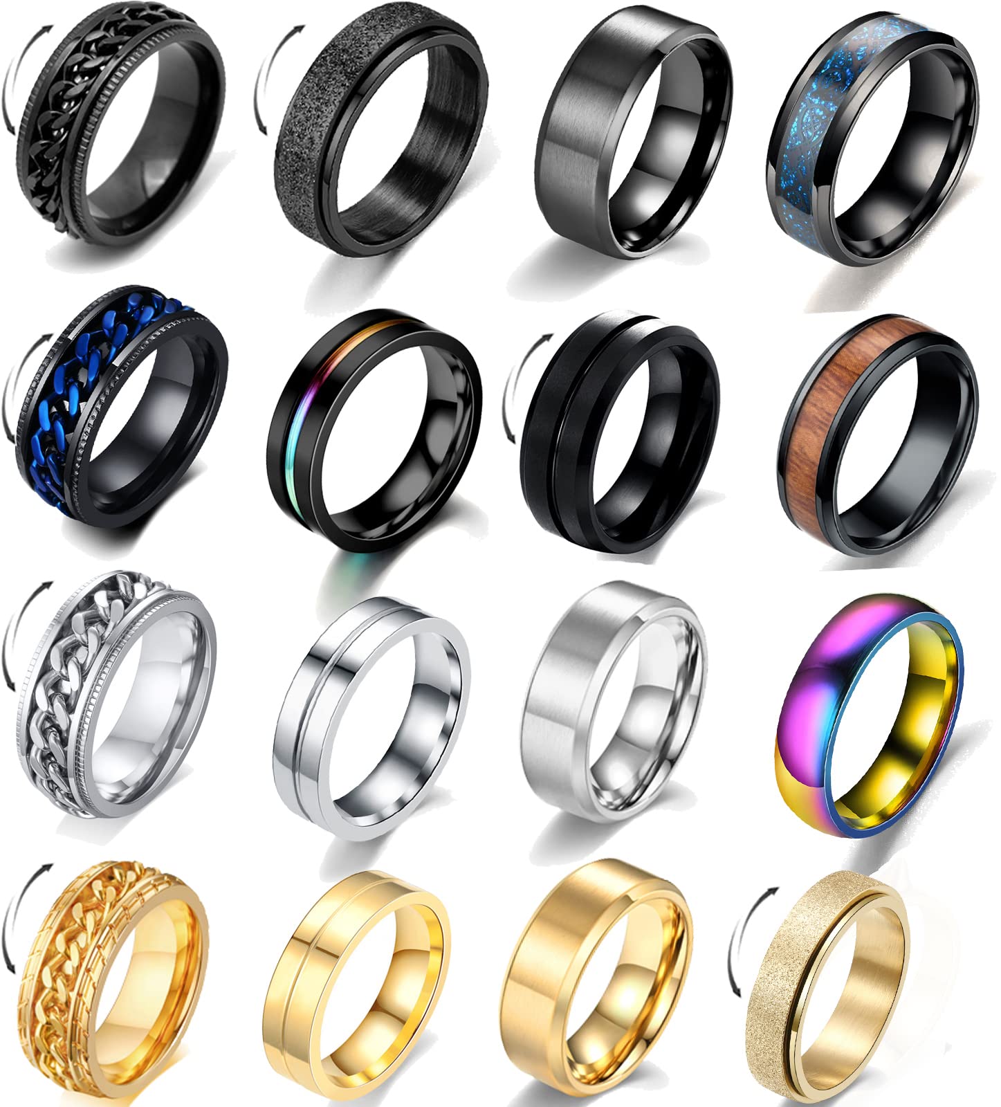 Stainless Steel Fidget Spinner Rings Set - 16 Pcs Anti-Anxiety Rings for Men & Women, Size 7-11 - Perfect for Stress Relief & Fashion Accessories