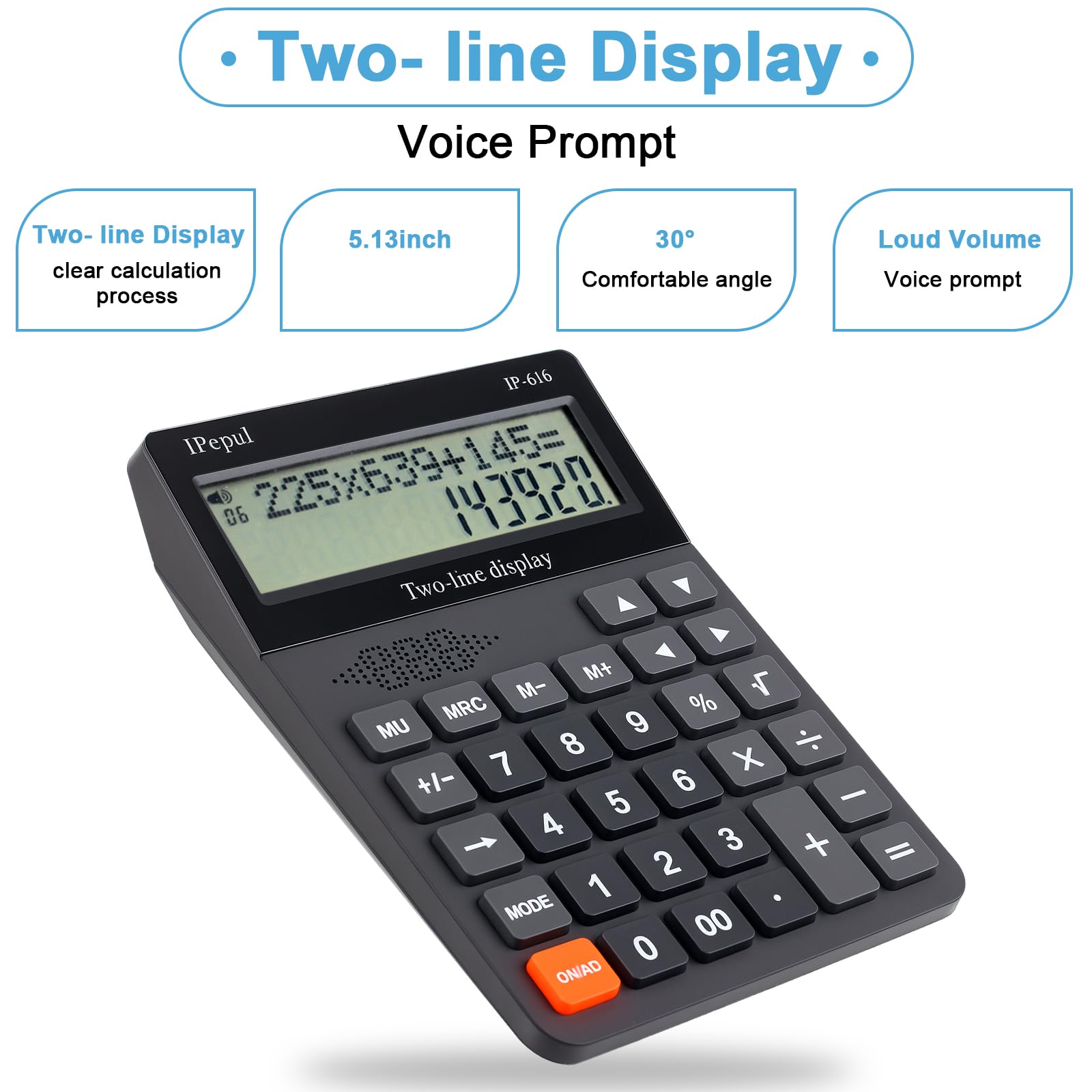 IPepul Basic Desktop Calculator with Large Buttons & 2-Line Display - 4 Function Office Calculator for Business, School & Home Use - Talking Calculator for Visually Impaired & Accounting Work