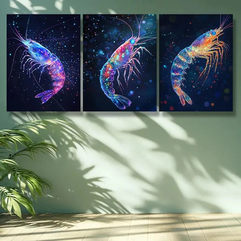 3pcs Shrimp Dream Art Painting - Metal Print Wall Decor Ready to Hang - Perfect for Living Room, Bedroom & Office Decor