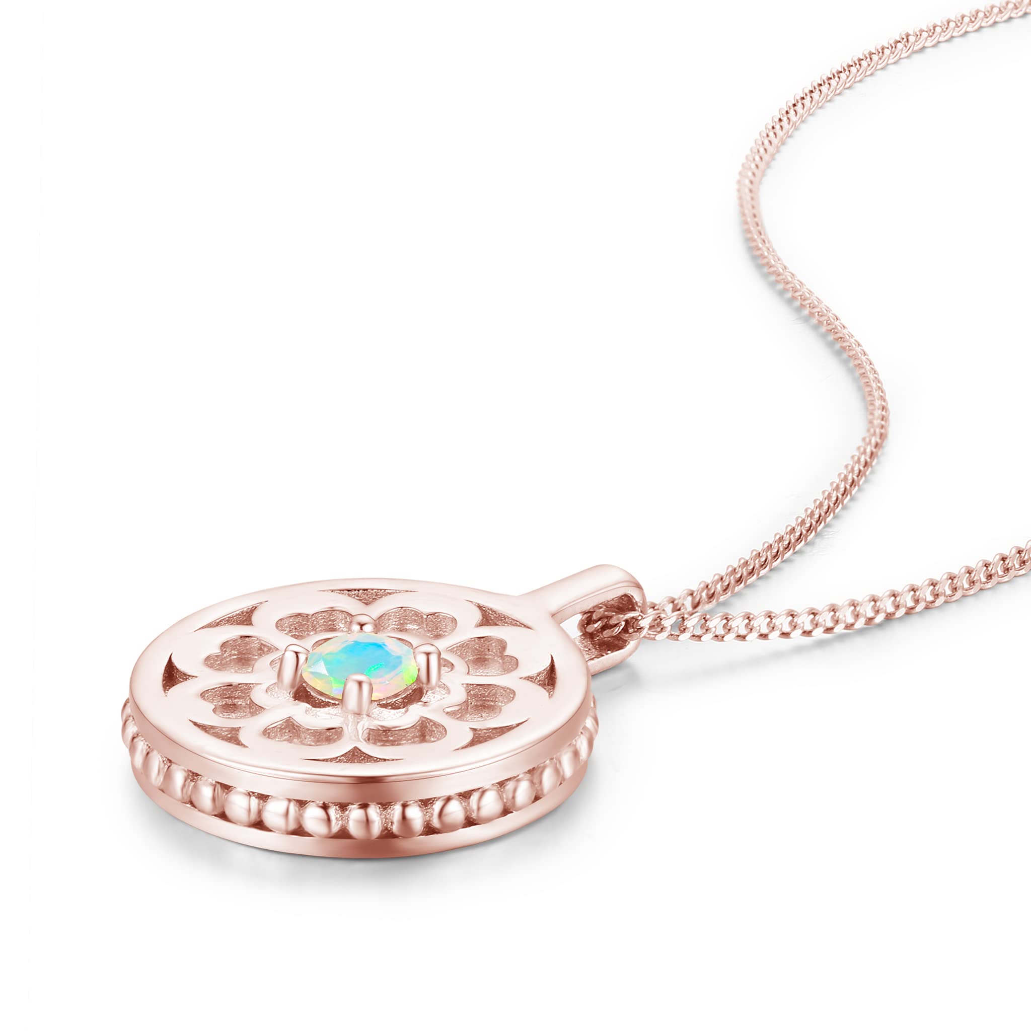 Rainbow Opal Coin Necklace Pendant - Personalized Custom Engraved Medallion - October Birthstone Initial Chain Jewelry for Women - Perfect Gift for Birthday, Anniversary & Special Occasions