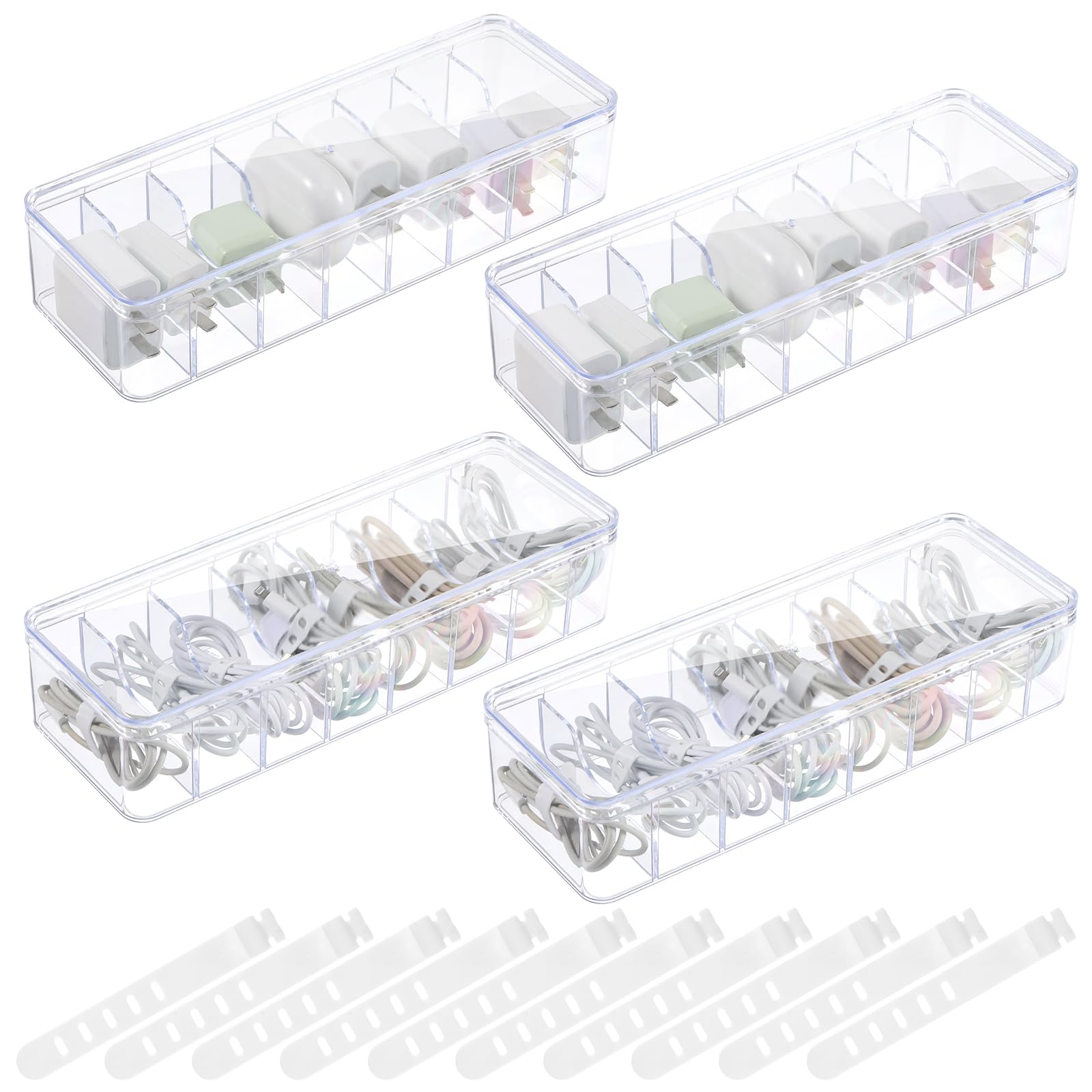 4-Pack Large Clear Plastic Cable Organizer Box with Lid & 20 Wire Ties - Cord Storage Solution for Electronics, Chargers, Home Office & Desk Organization - Perfect for TV Wires, Computer Cables & Charging Stations