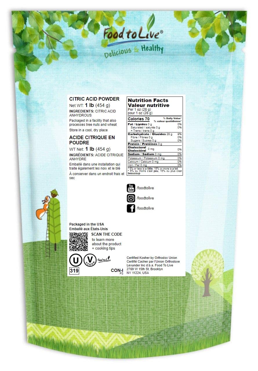 Food to Live Citric Acid Powder - 1 Pound Anhydrous, Fine Granules, Food Grade Lemon Salt | Perfect for Cheese Making, Bath Bombs, Canning & DIY Cleaning | Kosher, Non-GMO, Bulk Sour Salt for Cooking, Baking & Home Use