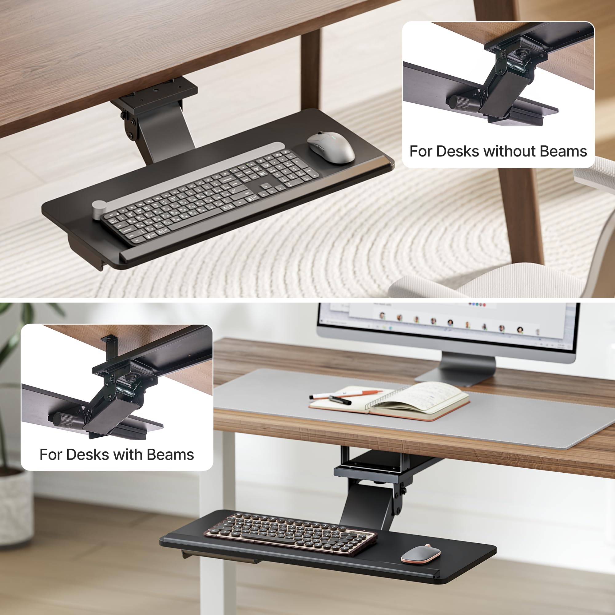Ergonomic Under Desk Keyboard Tray with Storage Drawer - Height Adjustable, Slide Out Swivel Tilt Design - 25x11