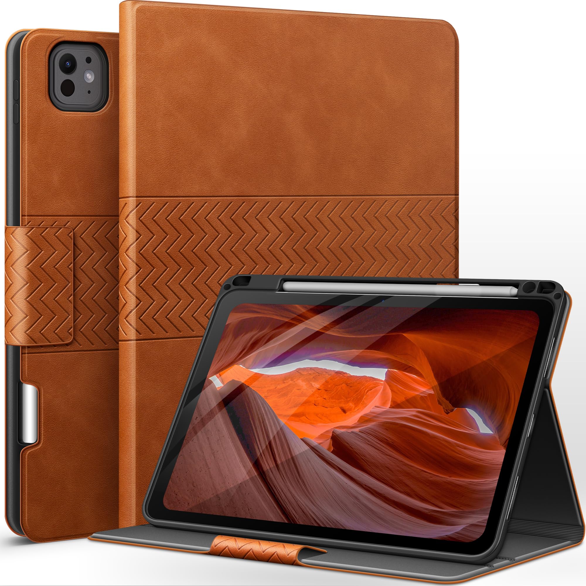Premium PU Leather Case for iPad Pro 11 Inch M4 (2024) - Apple Pencil Pro/USB-C Holder, Auto Sleep/Wake Feature - Perfect for Work, Travel & Study (Brown)