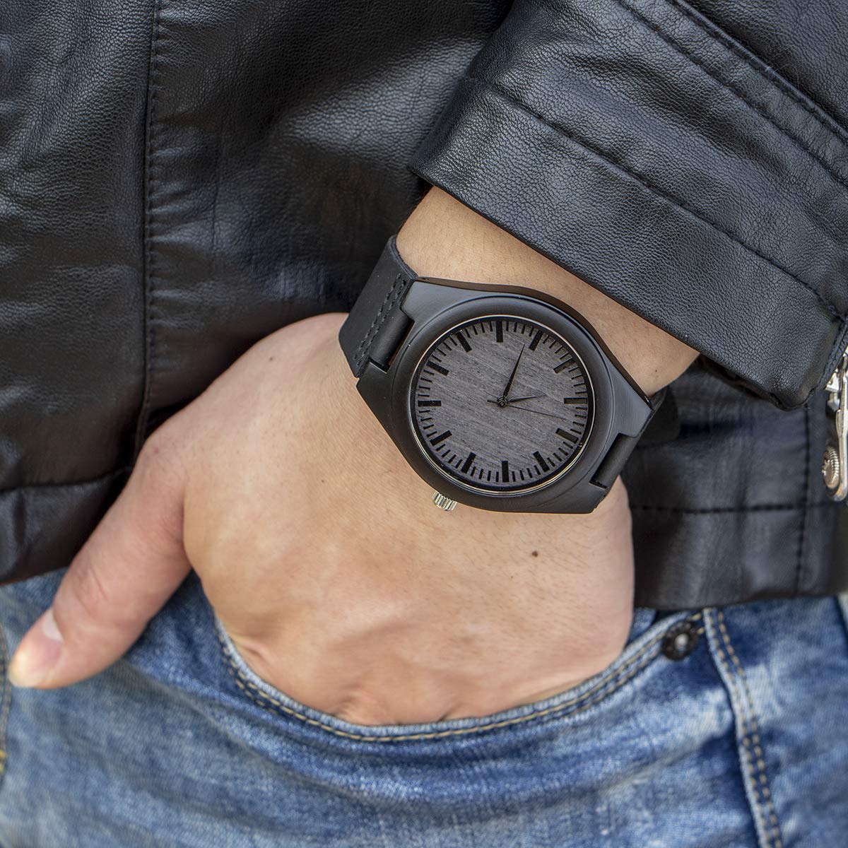Kenon Engraved Wooden Watch for Men - Natural Ebony Wood Groomsmen Watch, Custom Engraved Gift for Husband, Son, Boyfriend - Perfect for Birthday, Anniversary, Wedding - Ideal for Formal Events & Everyday Wear