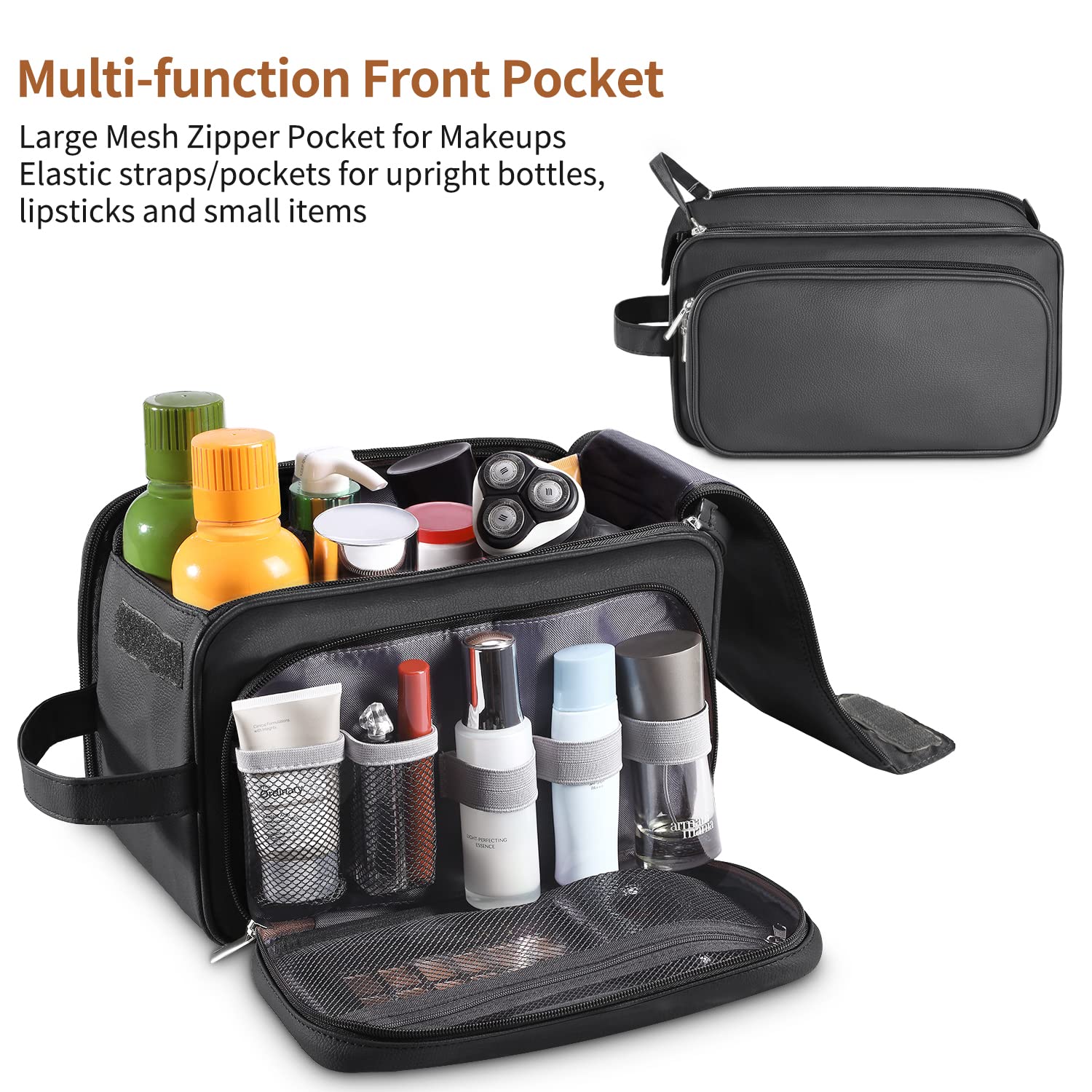 Buruis Extra Large Water-Resistant PU Leather Travel Toiletry Bag for Men - Shaving Dopp Kit & Cosmetic Organizer with Multiple Pockets (Black) - Perfect for Business Trips, Gym, Camping & Vacation Essentials