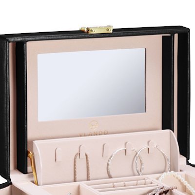 Vlando Leather Jewelry Box Organizer - Mirror Jewelry Storage Case for Necklaces, Earrings, Rings & Bracelets - Elegant Black Jewelry Holder for Dresser, Vanity & Travel