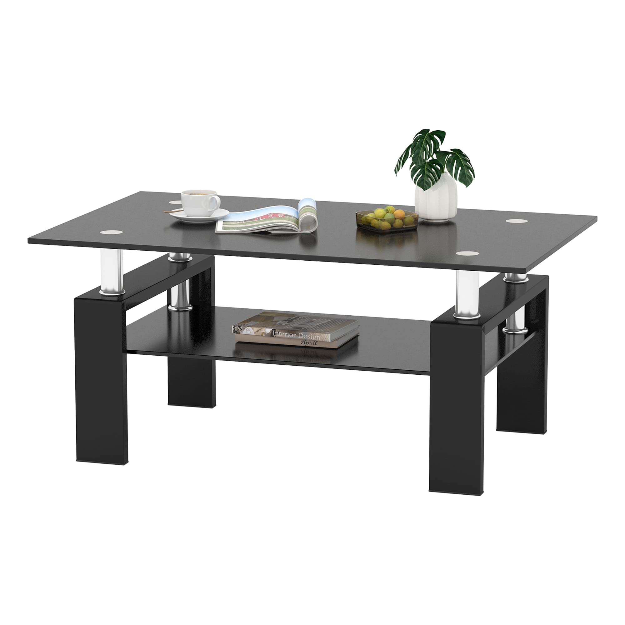 Modern Glass Top Coffee Table with Black Legs & Black Glass - IANIYA Stylish Center Table for Living Room, Lounge, or Office Decor