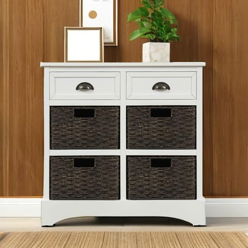 Knocbel Farmhouse Wicker Storage Cabinet with 2 Drawers - Rustic Woven Rattan Dresser with Aluminum Alloy Handles, Entryway Console Table for Hallway, Living Room & Dining Room Decor (White) - Perfect for Organizing Blankets, Toys & Home Essentials