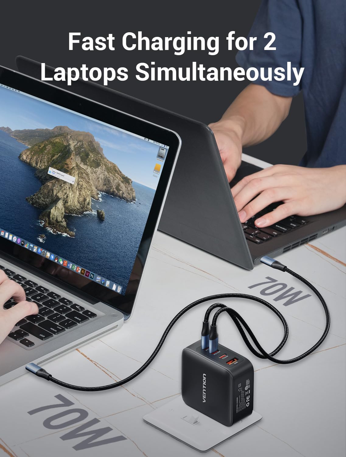 140W VENTION 4-Port GaN+ USB-C Fast Charger for MacBook Pro 16''/14''/13'' & MacBook Air 15'' - Foldable Design with 240W Cable - Also Compatible with iPhone 15/14/Pro Max & Chromebook | Perfect for Travel, Office & Home Charging Needs