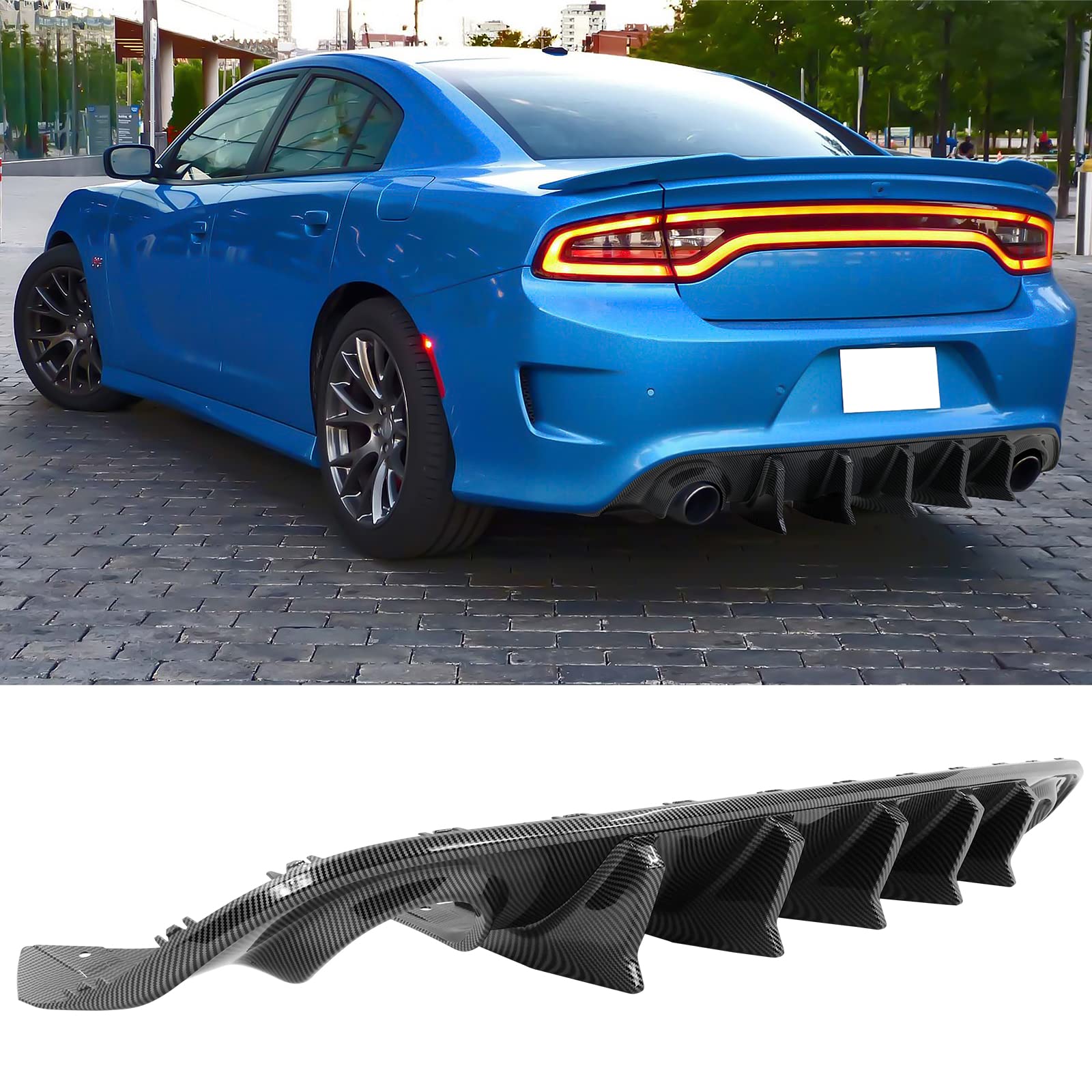 FREEMOTOR802 Rear Diffuser for 2015-2023 Dodge Charger | IKON V2 Style Carbon Fiber Print Bumper Lip | 2PC Shark Fin Diffuser Set | PP Material | Enhances Sporty Look & Aerodynamics