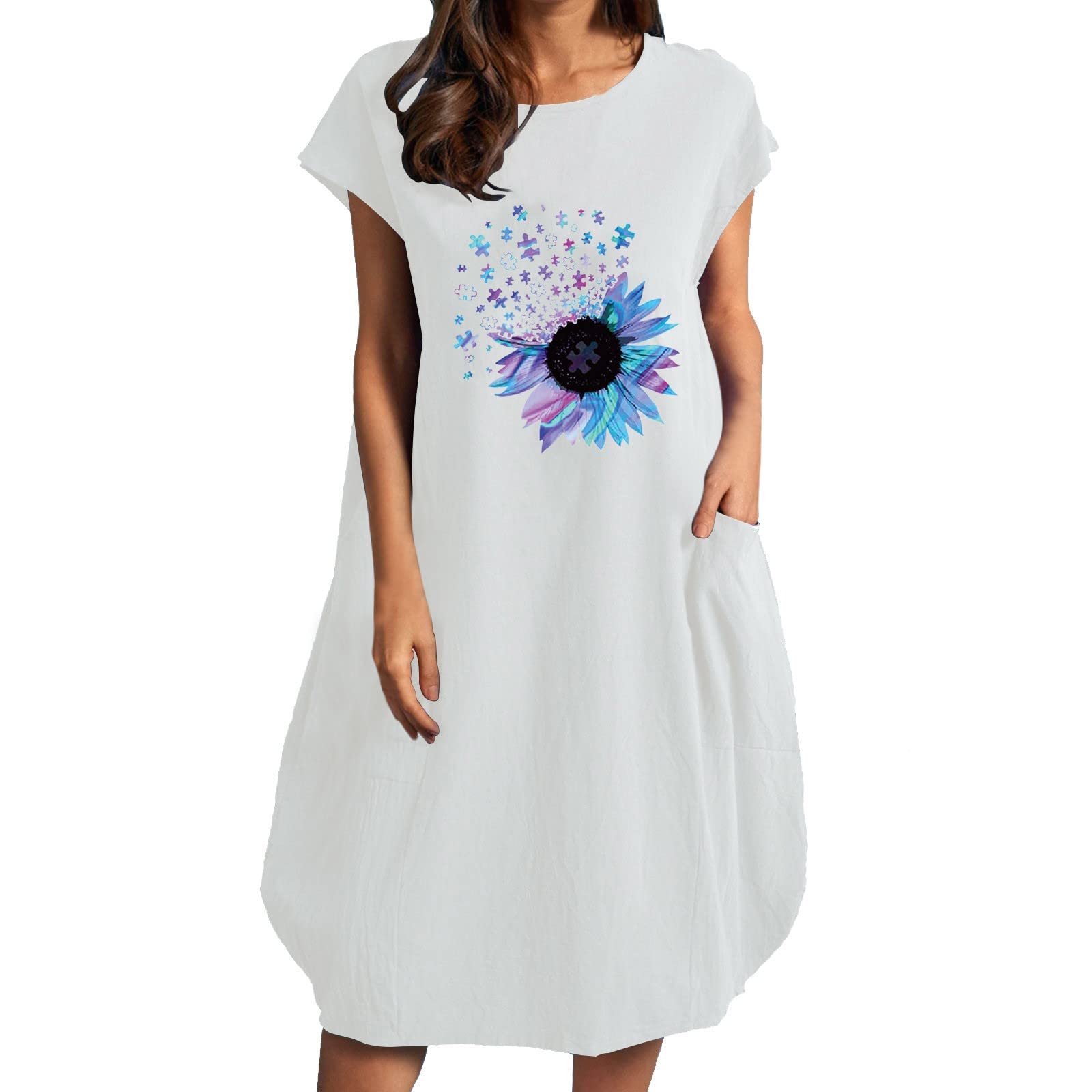 Women's Summer Casual Dress 2022 - Blue Sunflower Printed Loose Short Sleeve Dress | Beach Vacation, Outdoor Picnic, Party Wear