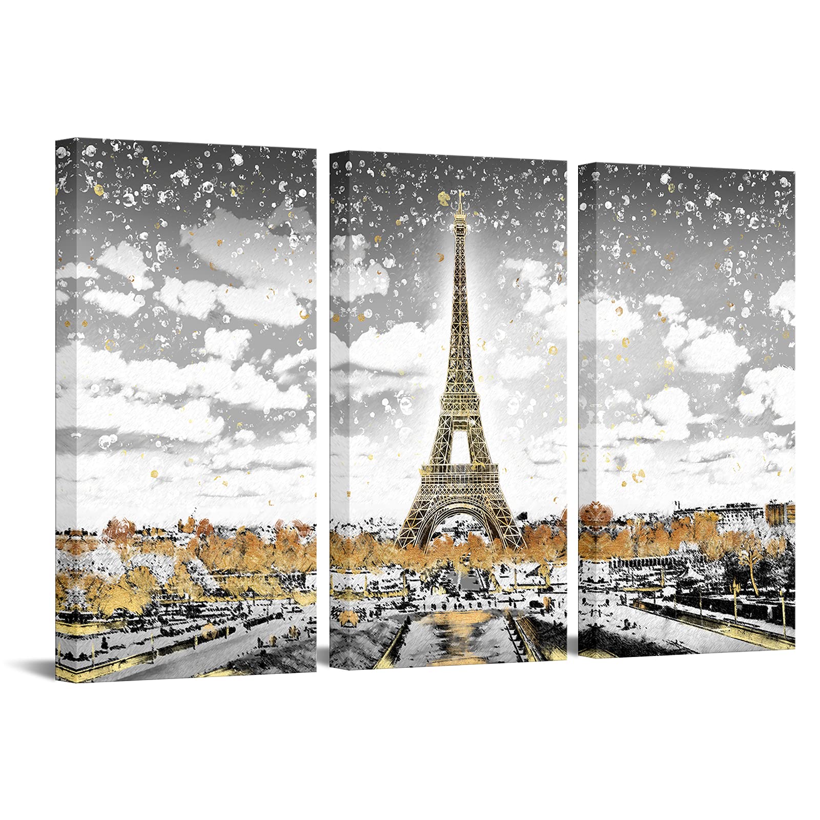 RnnJoile Paris Canvas Art - Gold Eiffel Tower Landscape Painting, France Wall Decor for Bedroom, Framed Artwork - Perfect for Home Decor, Living Room & Office Wall Art