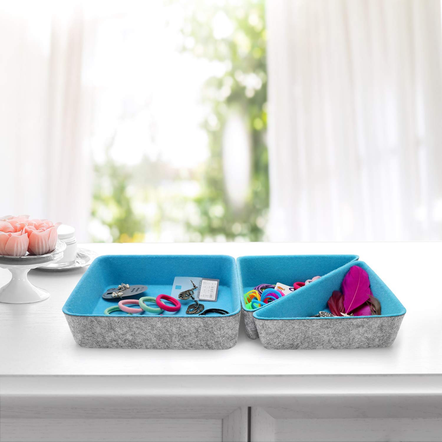 Welaxy 3-Pack Felt Drawer Organizer Trays - Sky Blue Desktop Storage Bins for Office, Kitchen, Bathroom & Closet Organization