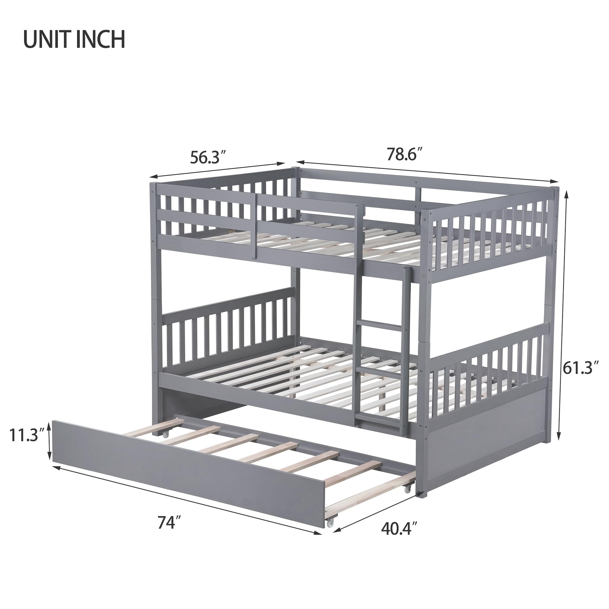 Homsof Full Over Full Bunk Bed with Trundle - Converts to 2 Full Size Platform Beds | Sturdy Ladder & Safety Rails for Kids, Teens & Adults | Space-Saving Grey Bedroom Furniture for Guest Rooms, Dorms & Small Apartments