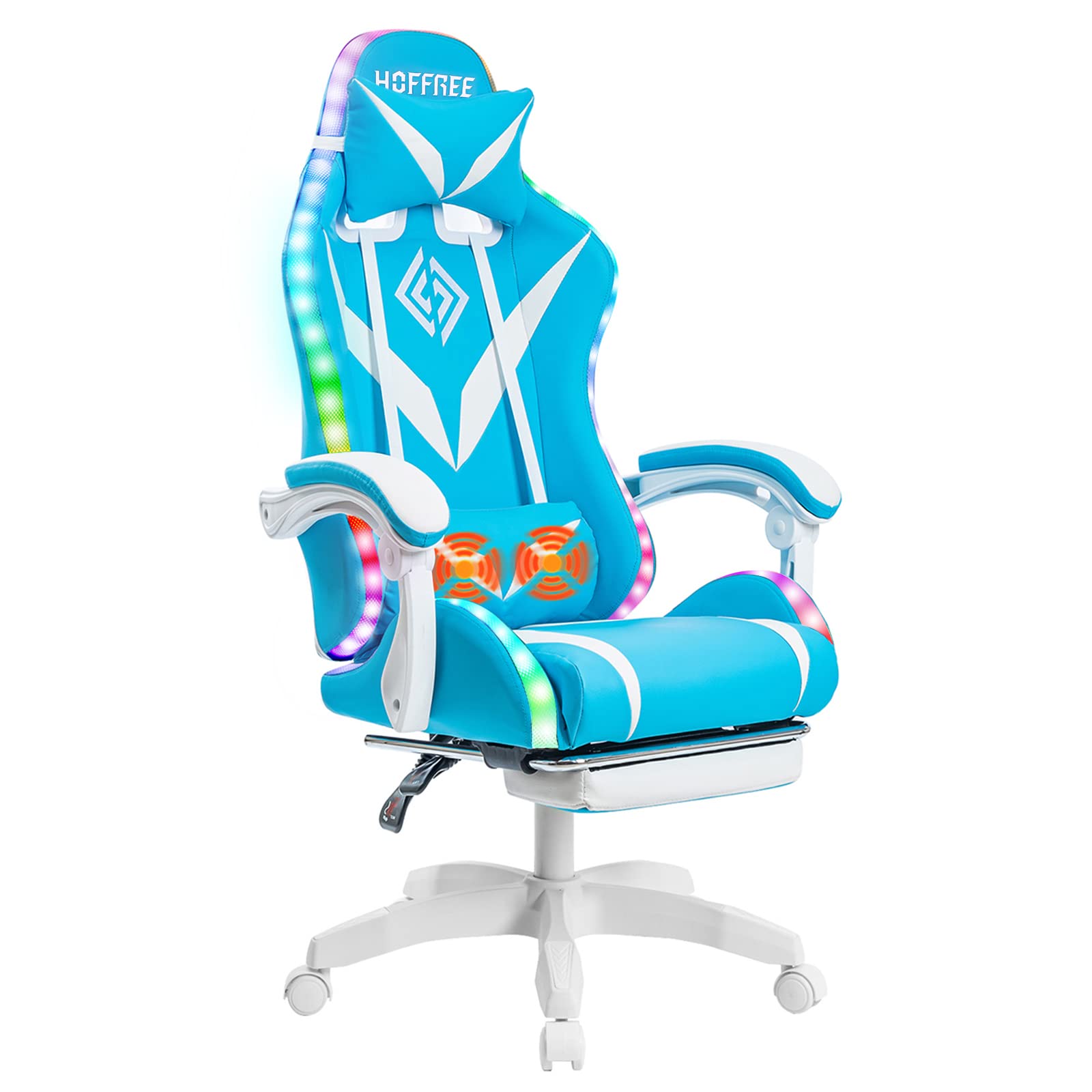 Ergonomic Gaming Chair with LED RGB Lights, Massage & Adjustable Lumbar Support - High Back Computer Chair with Footrest & Linkage Armrest - Light Blue & White for Esports, Streaming & Home Office Use