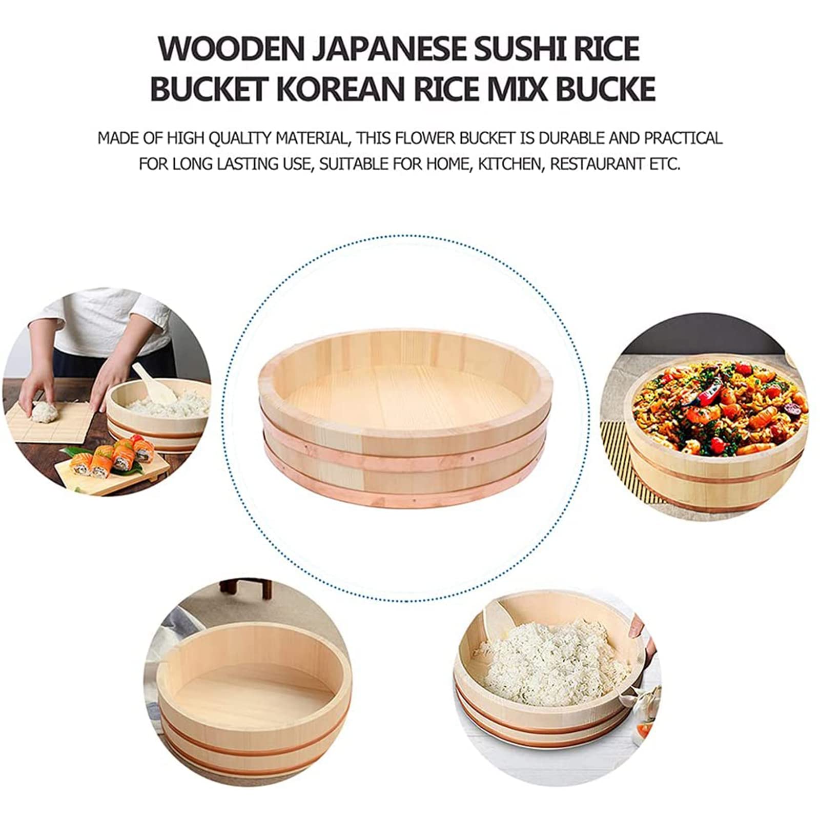 Premium WSHA Sushi Rice Bowl with Copper Band - 48cm Hangiri Tub for Perfect Sushi Rice Mixing | Ideal for Restaurants & Home Kitchens | Great for Sushi Making, Dough Kneading & Rice Storage