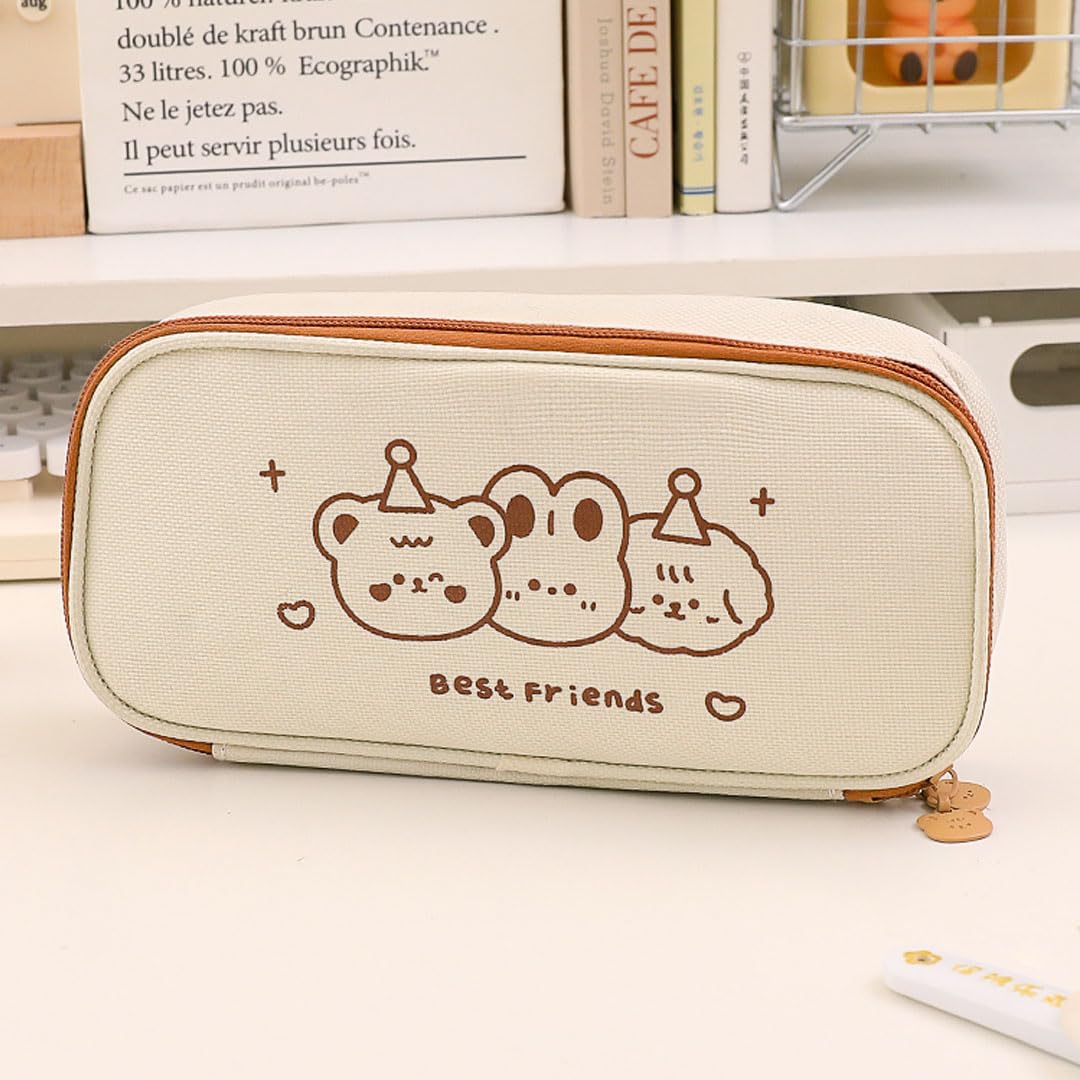 Cute Kawaii Aesthetic Pencil Case for Girls - Beige School Supplies Pencil Holder for Students, Office & Travel Organization | Perfect for Back to School, Work & College Essentials