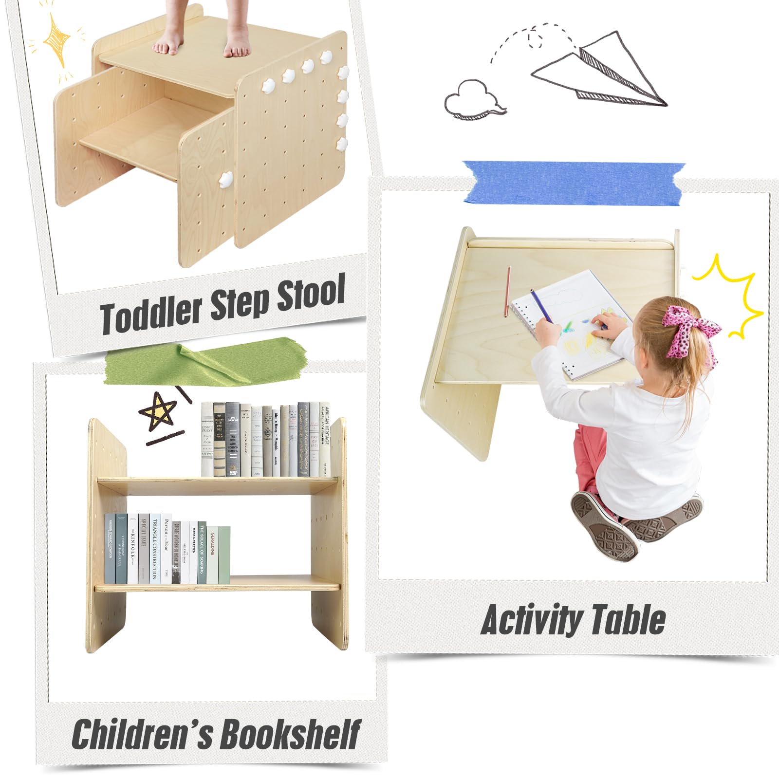 WOOD CITY Montessori Weaning Table and Chair Set (19.7 Inch) - Adjustable Height Solid Hardwood Toddler Desk for Reading, Snacking & Learning Activities | Kids Step Stool & Activity Cube | Montessori Furniture for Children Ages 3-6 | Perfect for Homeschooling, Playrooms & Daycare Centers
