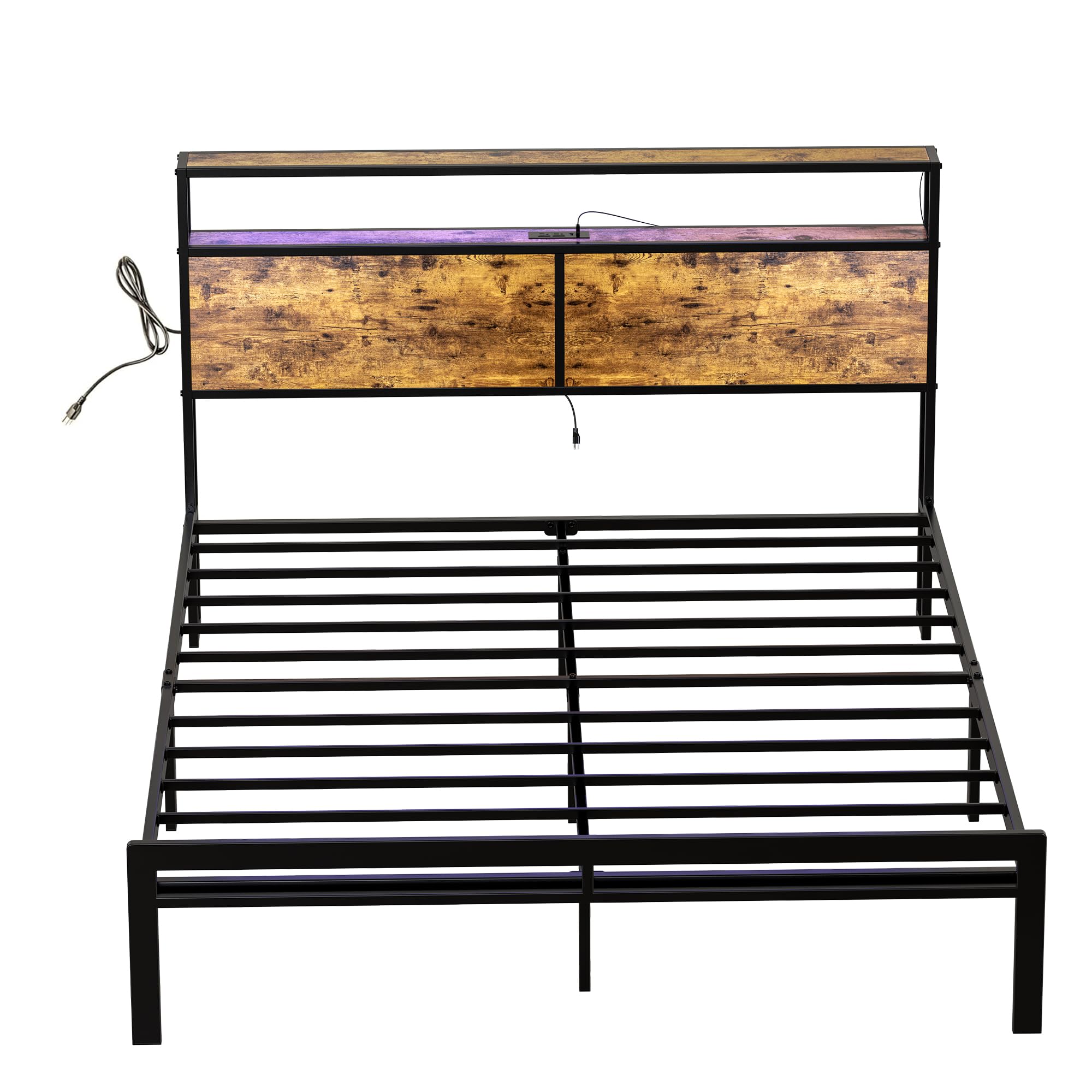Queen Size Bed Frame with Storage Headboard, LED Lights & Metal Platform - Sturdy Slat Support, No Box Spring Needed - Quiet Non-Slip Mattress Foundation for Master Bedroom, Guest Room or Dorm