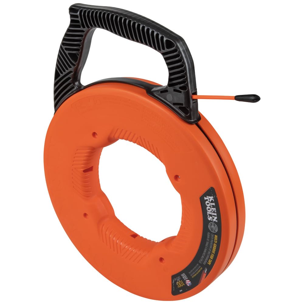Klein Tools 56383 Non-Conductive 100-Foot Electrical Fish Tape - Multi-Groove Fiberglass Wire Puller with Nylon Tip, Durable Housing & Ergonomic Handle for Electricians | Perfect for Running Wires Through Walls, Conduits & Tight Spaces
