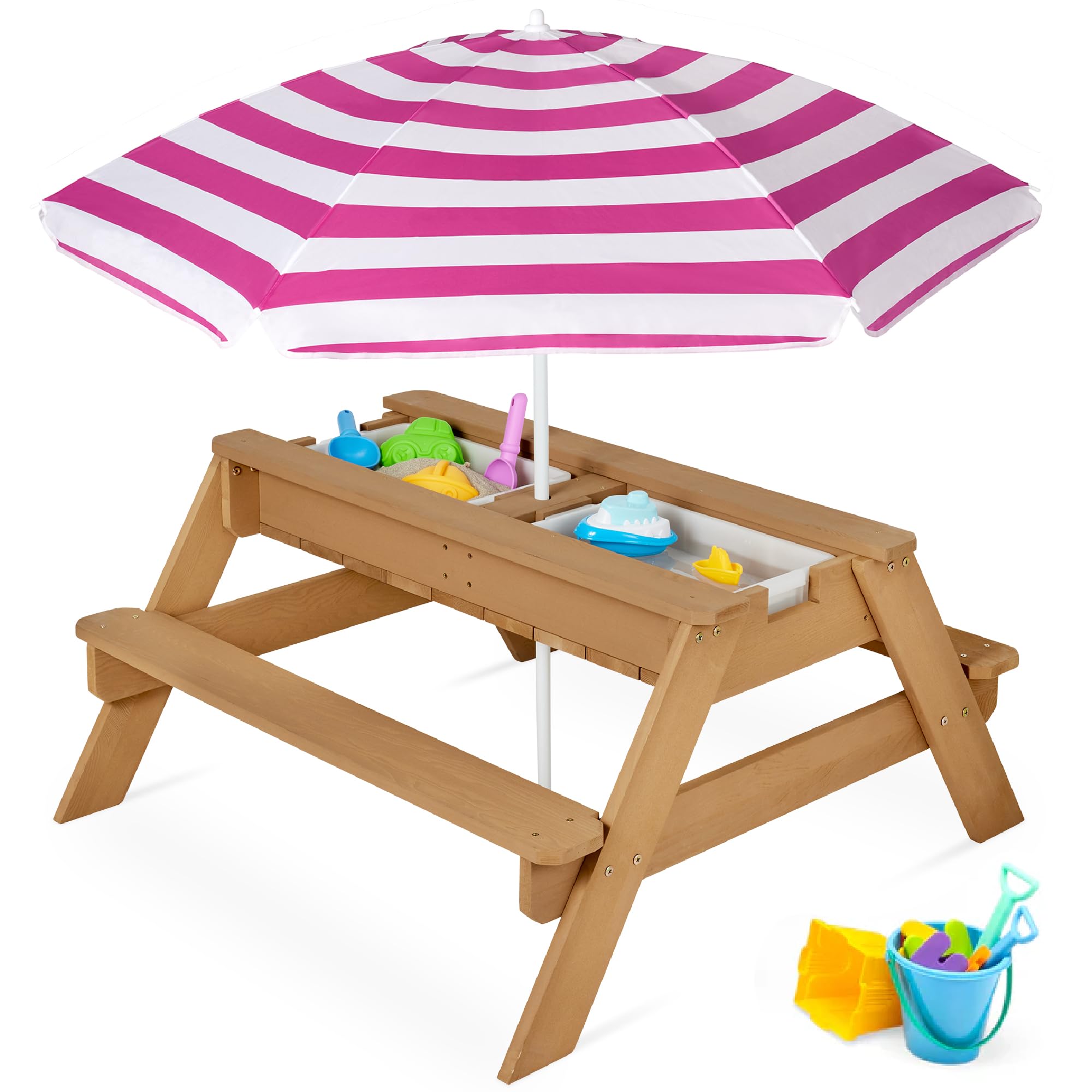 Best Choice Products Kids 3-in-1 Sand & Water Table with Umbrella - Convertible Wooden Outdoor Picnic Table with 2 Trays & Removable Top, 220lb Weight Capacity - Natural/Dark Pink - Perfect for Backyard Play, Beach Fun & Outdoor Parties