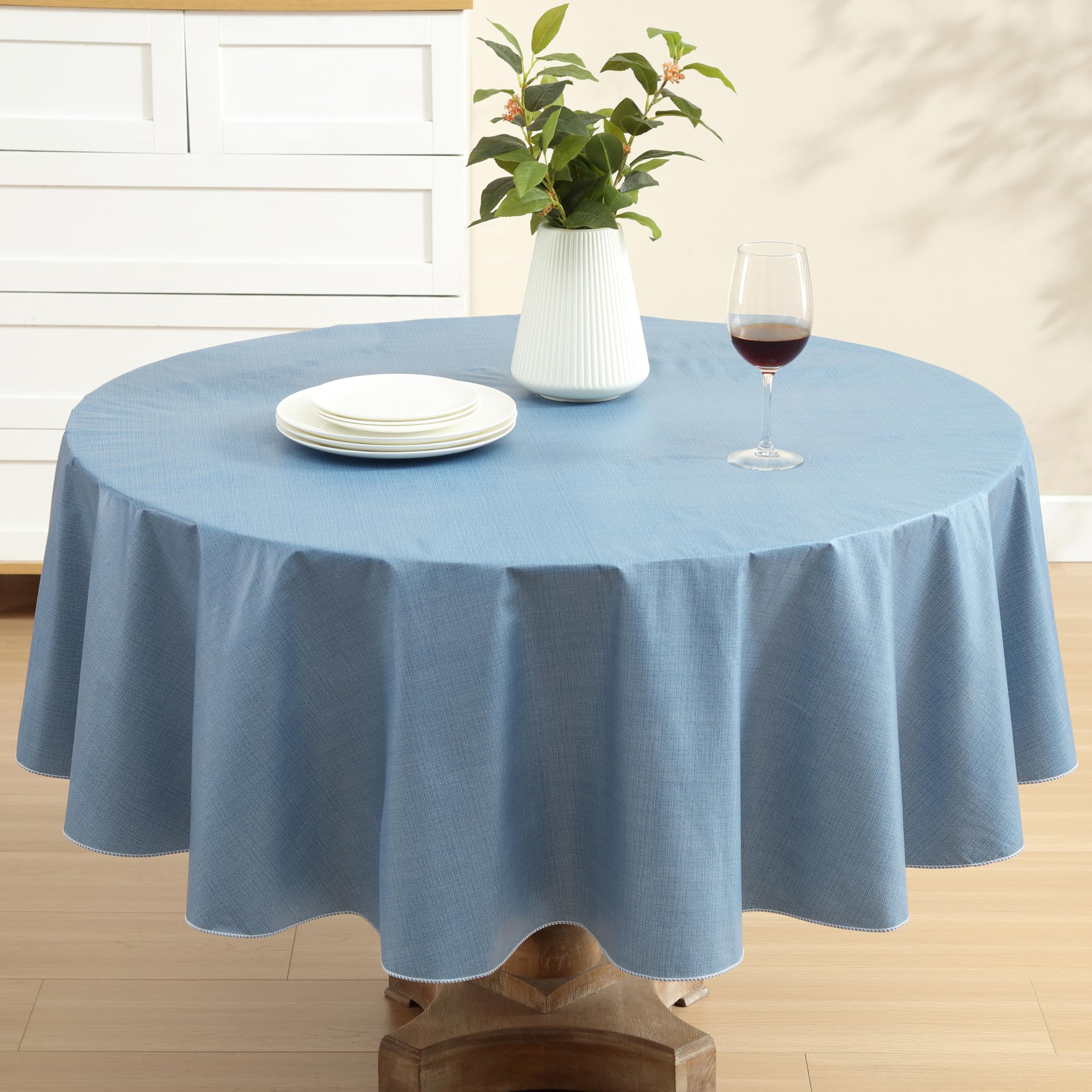 Premium Heavy 4-Gauge Vinyl Flannel Backed Tablecloth - Wipe Clean Indoor/Outdoor Use - 70 Inch Round Chambray Blue - Perfect for Cafes, Hotels, Restaurants & Home Dining