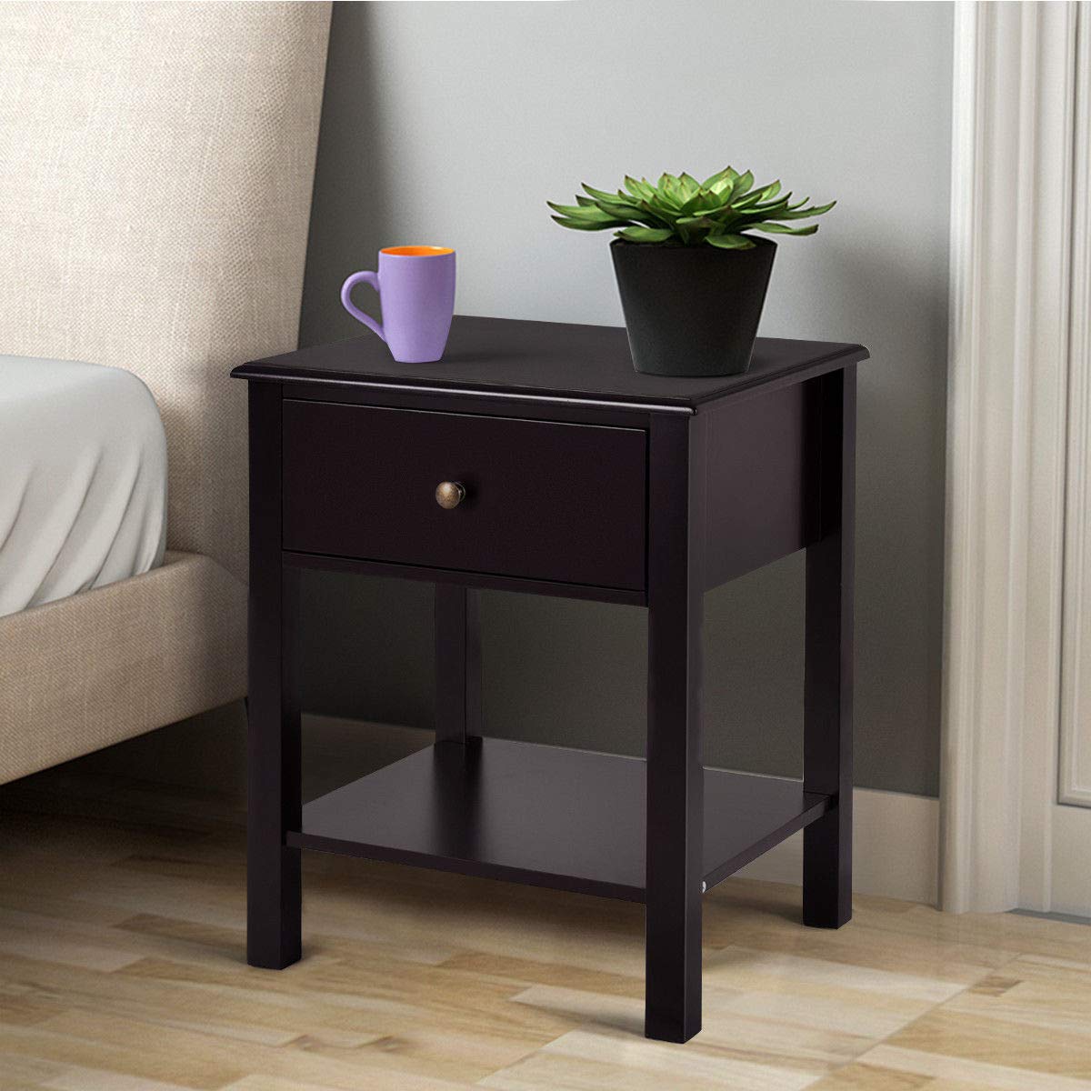 Brown Wood Nightstand with Drawer and Shelf - End Table for Bedroom, Living Room, or Office - Compact Storage & Display Furniture for Small Spaces