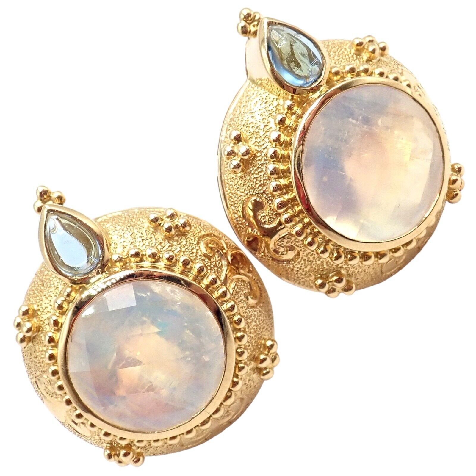 Exquisite Vintage Paula Crevoshay 18K Gold Aquamarine Moonstone Round Earrings - Unique Handcrafted Jewelry for Weddings & Special Occasions