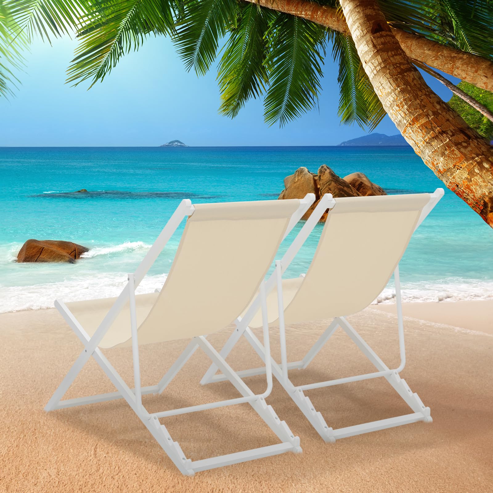 MoNiBloom Foldable Outdoor Adjustable Beach Patio Sling Chairs - Portable Aluminum Frame Lounge Folding Chair Set of 2 (Beige) - Perfect for Poolside, Backyard, Camping & Picnics
