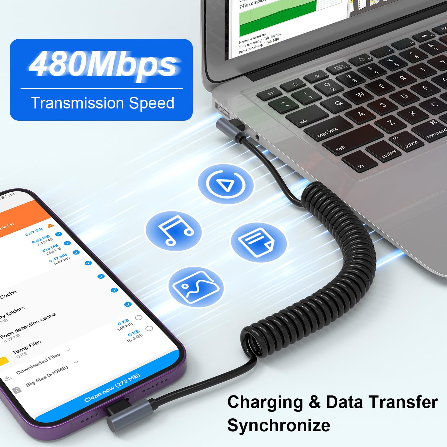 90 Degree MFi Certified USB-C to Lightning Cable - 20W PD Fast Charging, Retractable Coiled Design for iPhone, iPad, iPod - Perfect for Car Play, Data Sync & Home/Office Charging