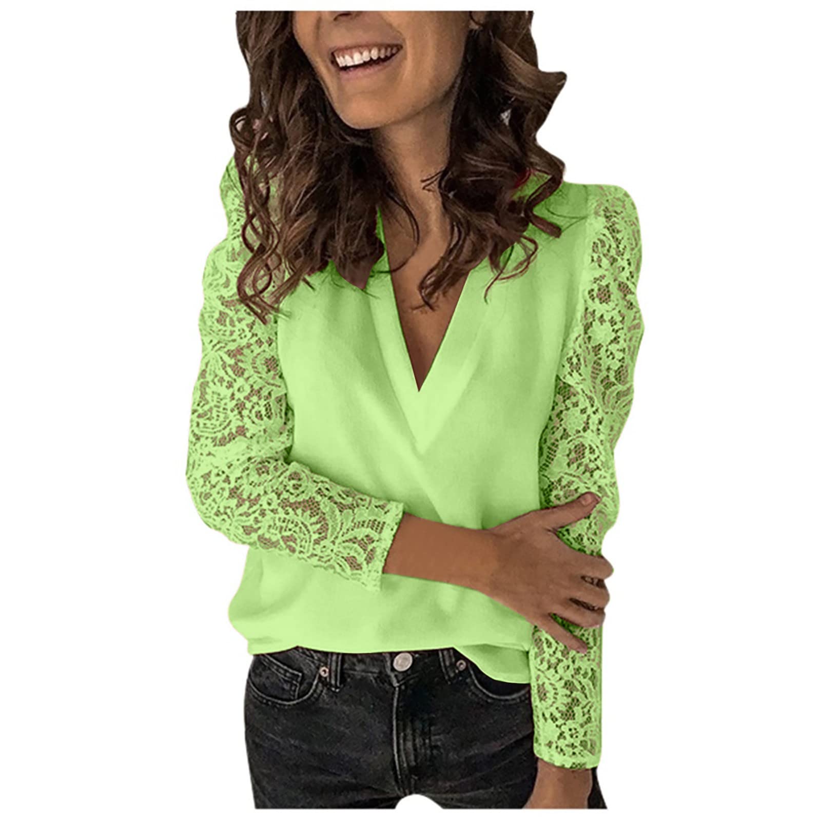Timberight Women's Lace Patchwork Blouse - Elegant Long Sleeve Waffle Top with Round Neck for Summer | Perfect for Office Wear, Date Nights & Special Occasions