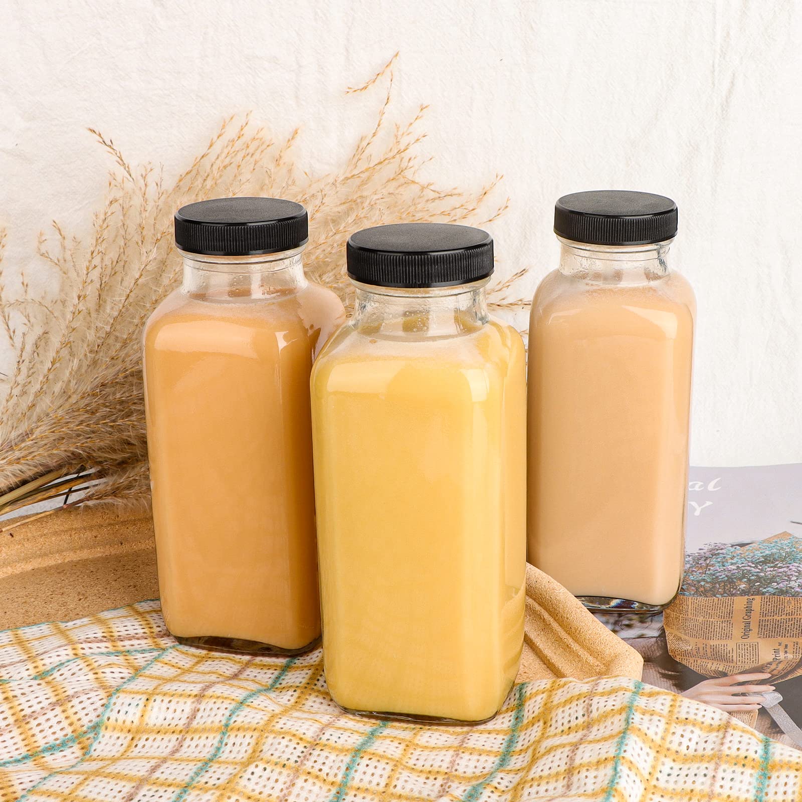 12 Pack 12oz Vintage Square Glass Drink Bottles with Lids - Reusable Juice & Beverage Containers for Milk, Kombucha, Smoothies - Perfect for Home, Office, Picnics & Meal Prep