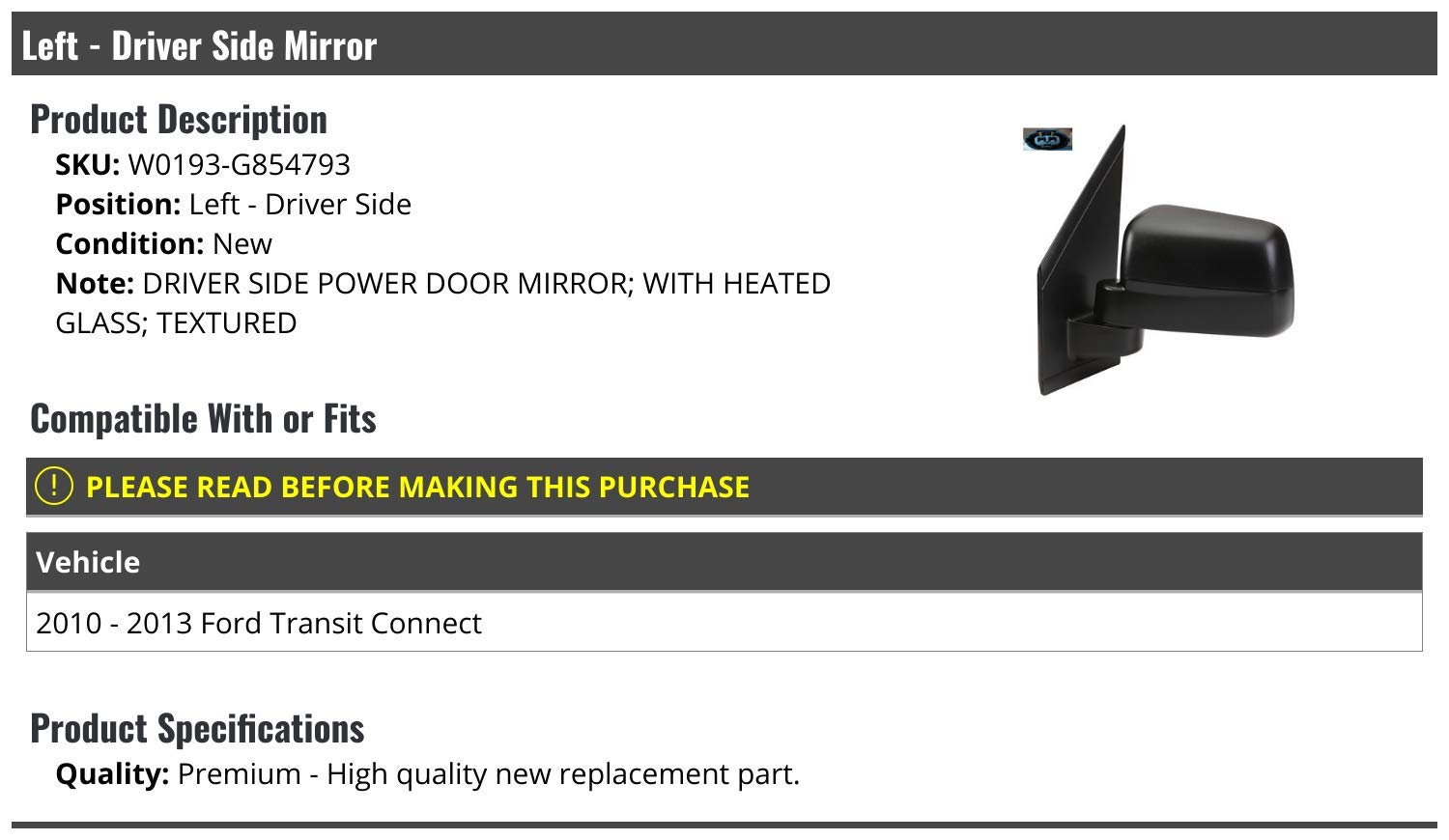 Heated Left Driver Side Power Mirror with Textured Finish - Compatible with 2010-2013 Ford Transit Connect - Perfect for Winter Driving & Enhanced Visibility