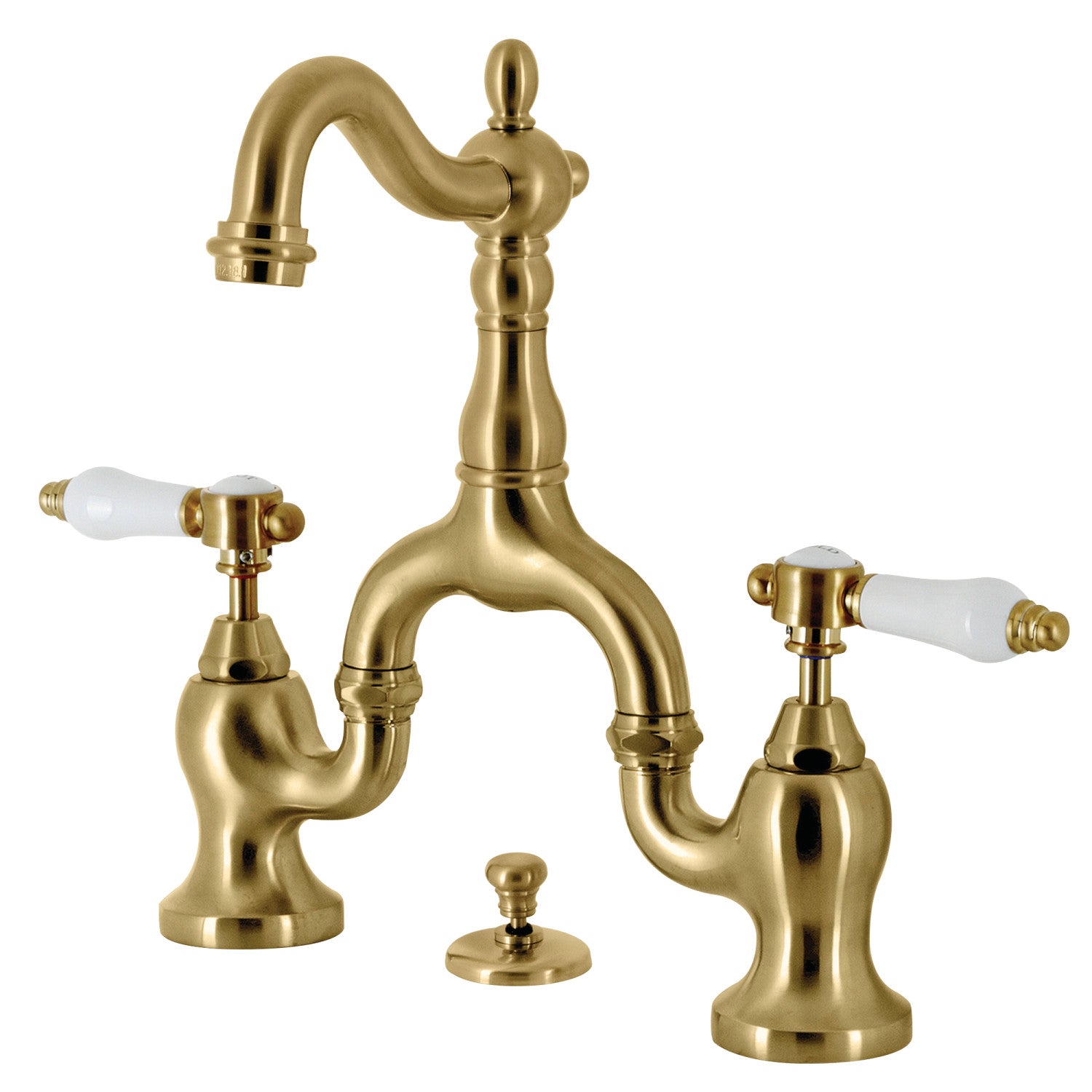 Bel Air KS7977BPL Brushed Brass Two-Handle 3-Hole Deck Mount Bathroom Sink Faucet with Brass Pop-Up Drain - Perfect for Modern Bathrooms & Vanities