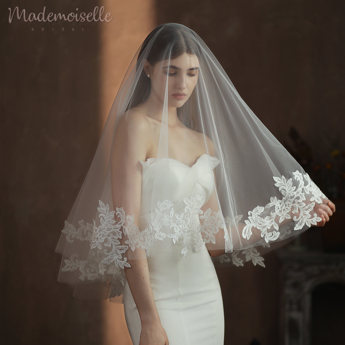 Emma Veil - Elegant Bridal Wedding Veil with Lace Trim for Bride, Perfect for Church Ceremony & Outdoor Weddings