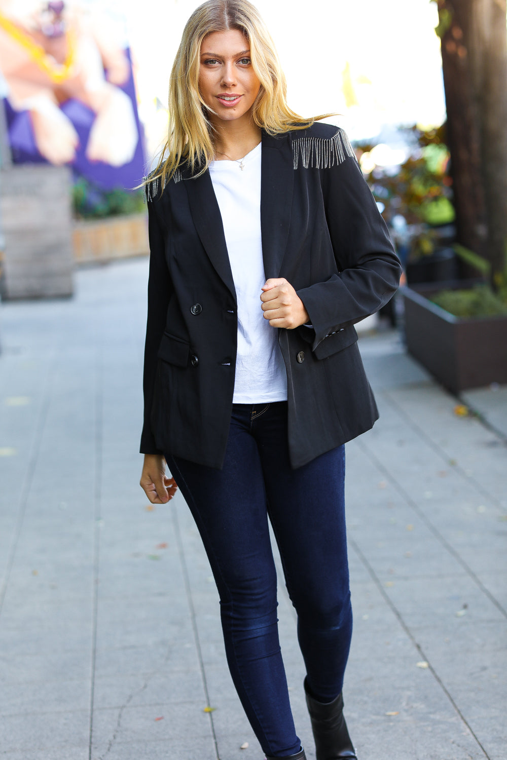 Stylish Black Shoulder Tassel Fringe Blazer for Women | Holiday Party Outfit & Office Wear | Elegant Evening Jacket for Christmas, New Year & Special Occasions