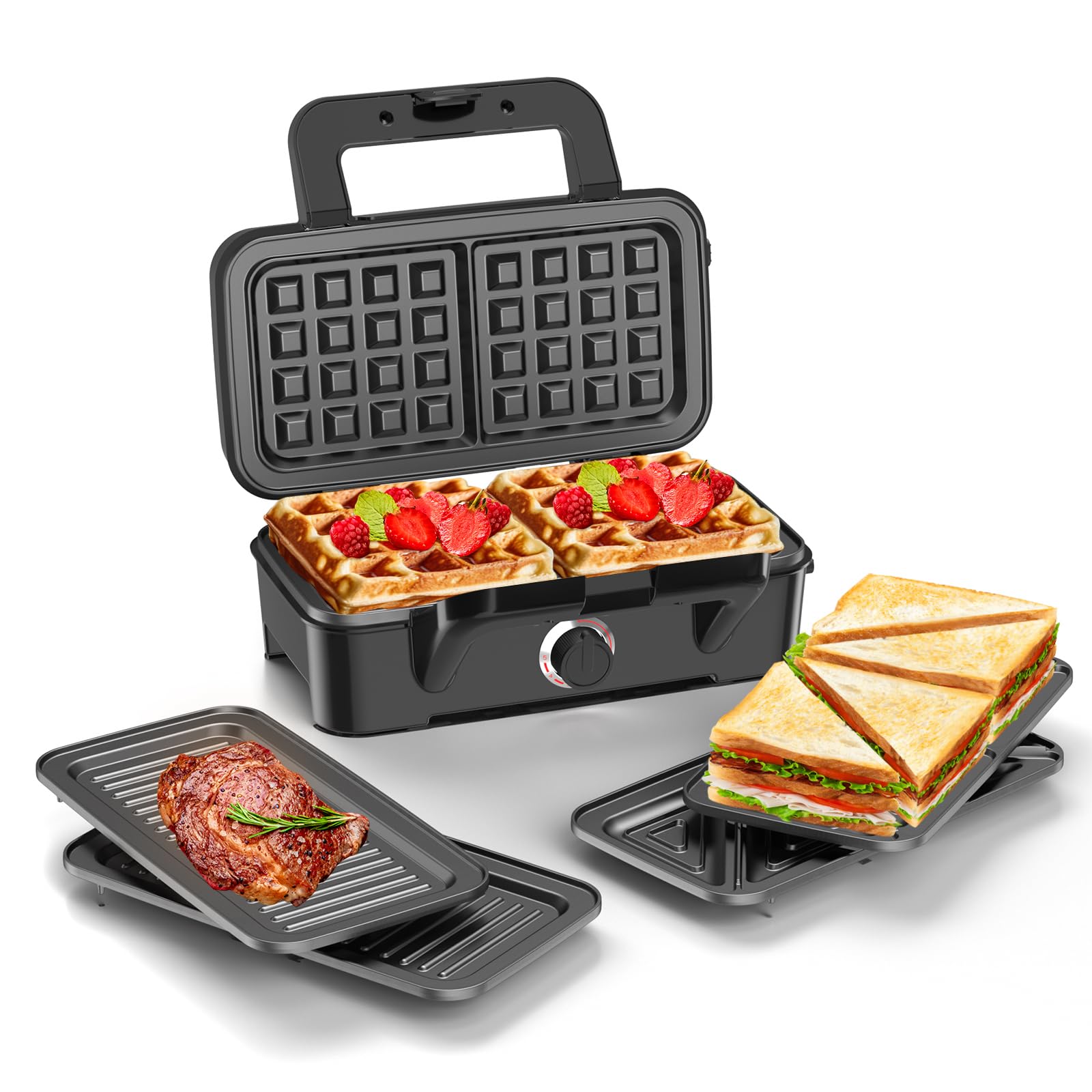 1200W 3-in-1 Sandwich & Waffle Maker with Adjustable Temperature Control, Removable Non-Stick Plates - Perfect for Panini, Grilled Cheese & Breakfast Waffles at Home, Dorm or Office