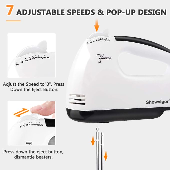 7-Speed Electric Hand Mixer with 5 Stainless Steel Attachments - Portable Handheld Kitchen Mixer for Whipping, Mixing Cookies, Cakes, Eggs & Dough | Perfect for Baking, Cooking & Meal Prep at Home