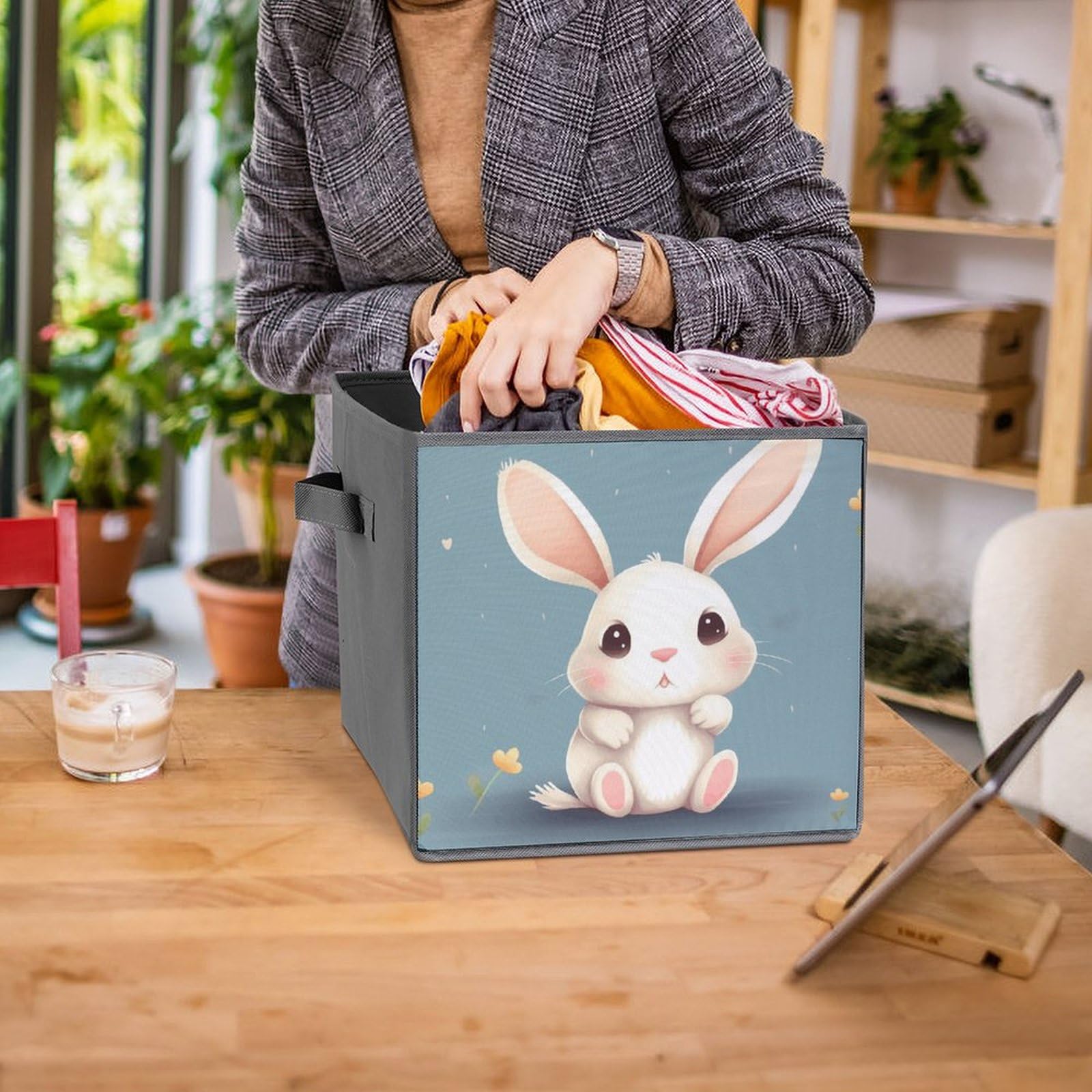 1PCS Foldable Storage Bins - Cute Cartoon Bunny Printed Large Capacity Storage Box with Handle - Home Office Playroom Organization for Toys, Books & Clothes (Multipurpose Storage Solution)