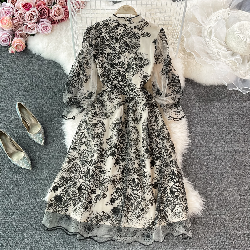 Elegant Embroidered Mesh Dress with Stand Collar - A-Line Long Skirt for Women | Perfect for Weddings, Parties & Formal Occasions