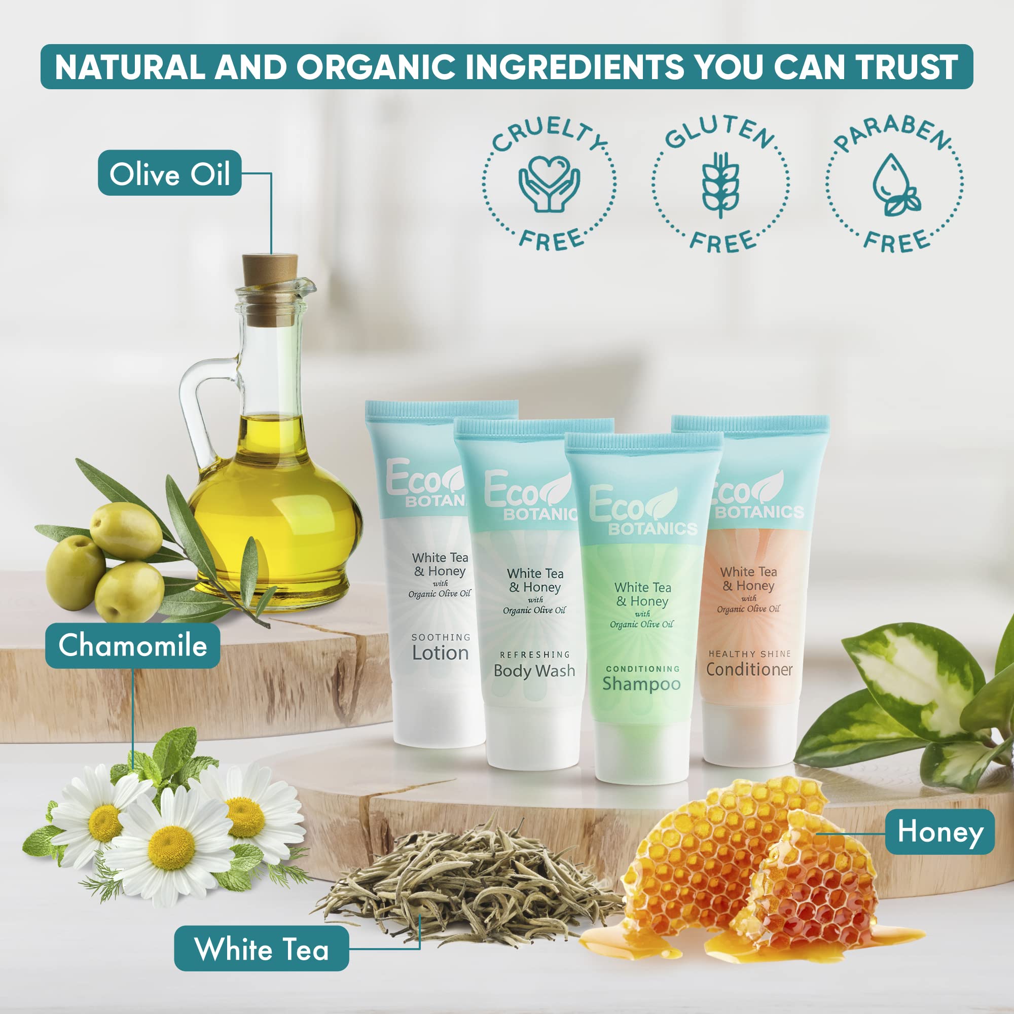 Terra Pure Eco Botanics | 80-Pack 0.85oz Travel-Sized Shampoo, Conditioner, Body Wash & Lotion Set + 100-Pack Soap Bars | Hotel Amenities, Eco-Friendly Toiletries for Travel, Gyms & Hospitality Businesses
