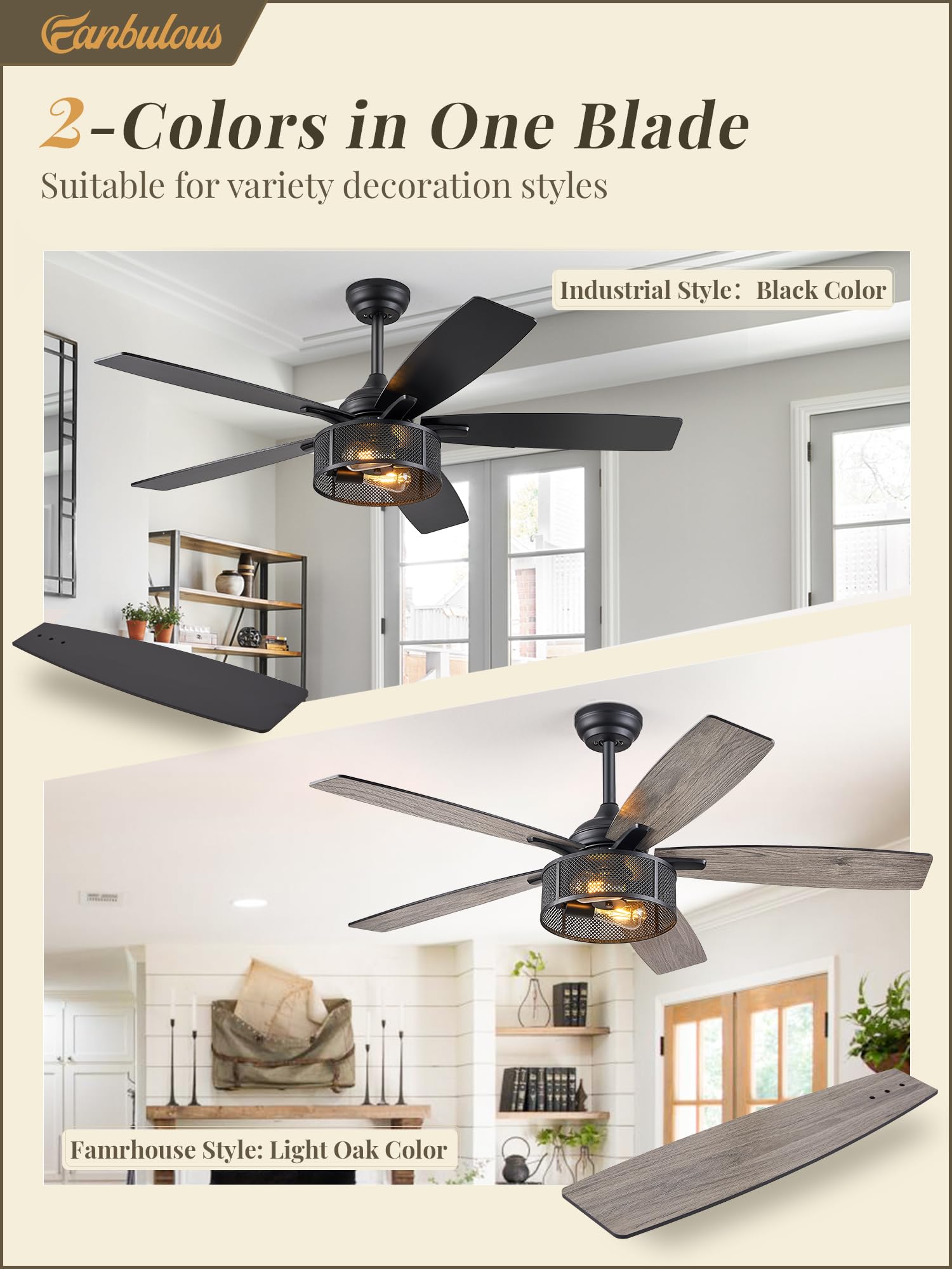 52 Inch Black Industrial Caged Ceiling Fan with Lights & Remote - 6 Speed Reversible Quiet DC Motor, Dual Finish 5 Blades - Farmhouse Style for Bedroom, Living Room & Kitchen - Perfect for Home Cooling and Decoration